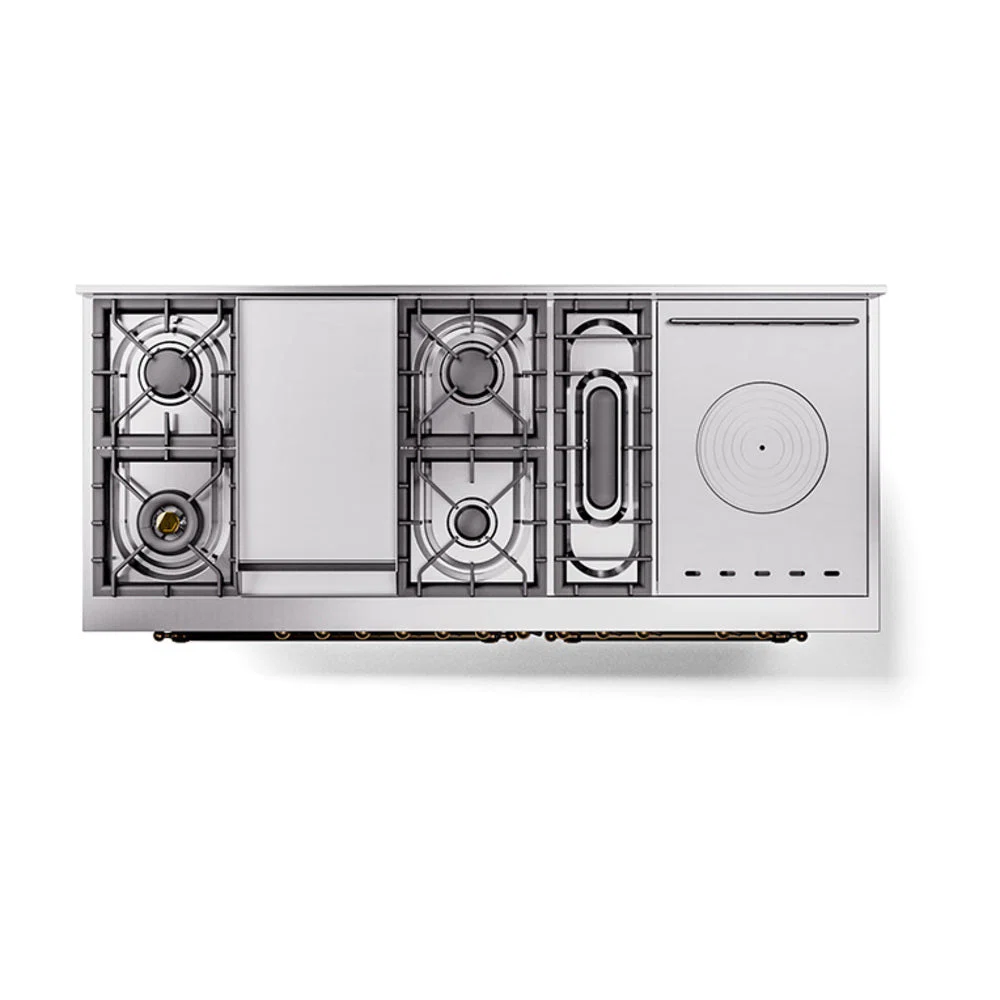 ILVE 60-Inch Nostalgie II Noblesse Natural Gas Dual Fuel Range with 7 Sealed Burners, Gridlde, French Top, and Solid Door Oven in Burgundy with Bronze Trim (UN60FSQNMPBUB) - Image 3