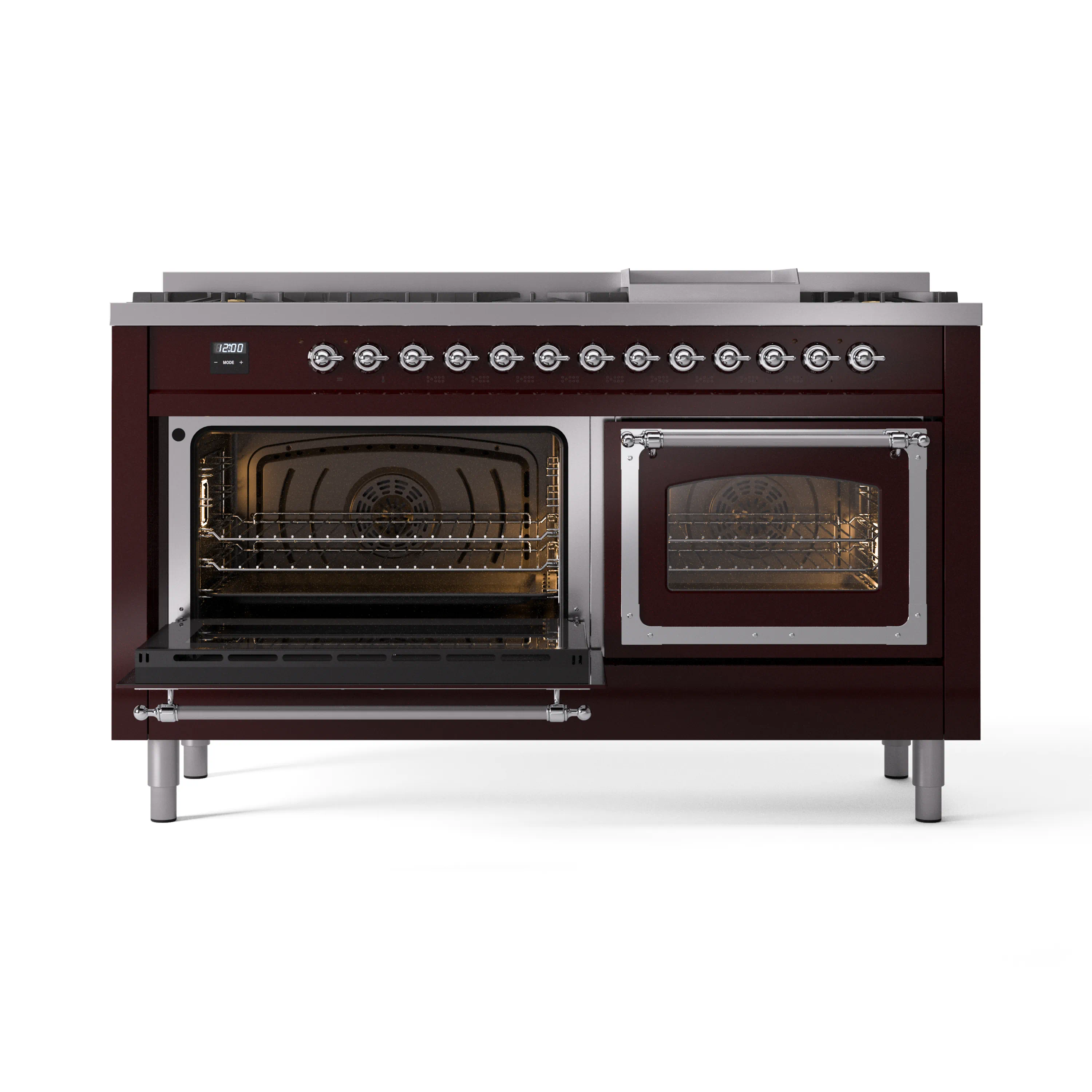 ILVE 60-Inch Nostalgie II Noblesse Natural Gas Dual Fuel Range   in Burgundy with Chrome Trim (UN60FNMPBUC) - Image 8