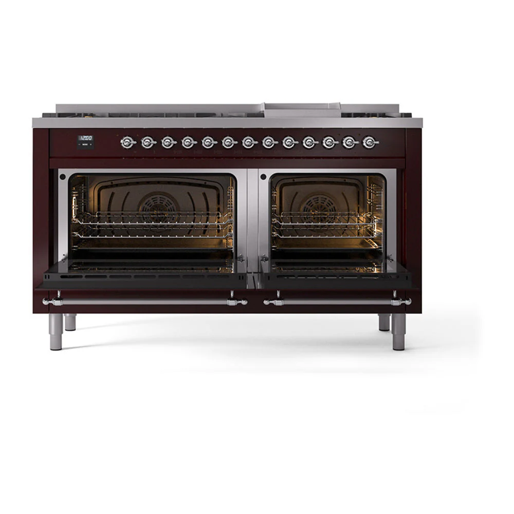 ILVE 60-Inch Nostalgie II Noblesse Natural Gas Dual Fuel Range with 9 Sealed Burners, Griddle, and Solid Door Oven in Burgundy with Chrome Trim (UN60FQNMPBUC) - Image 2