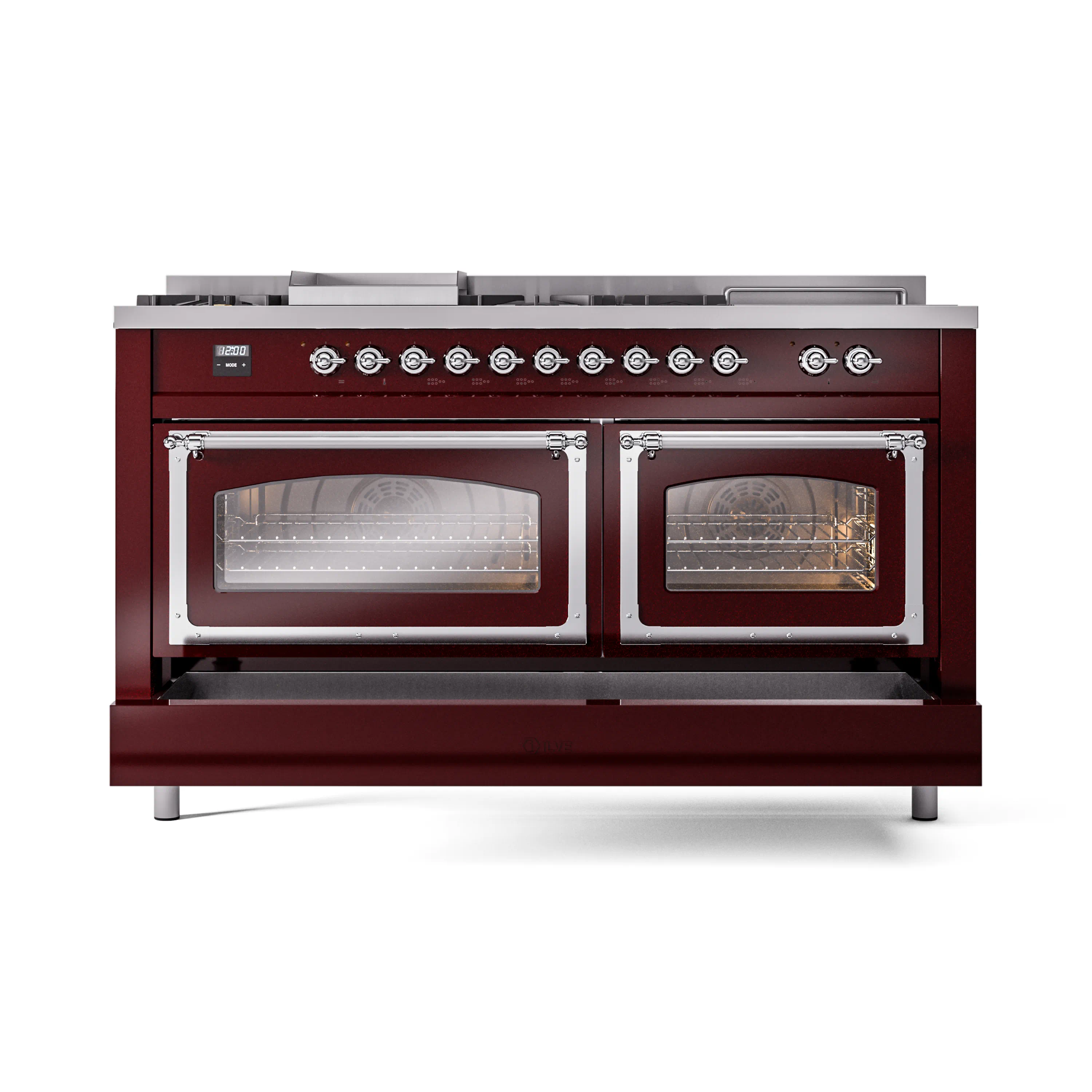 ILVE 60-Inch Nostalgie II Noblesse Natural Gas Dual Fuel Range with 7 Sealed Burners, Griddle, French Top and Triple Glass Door Oven in Burgundy with Chrome Trim (UN60FSNMPBUC) - Image 2