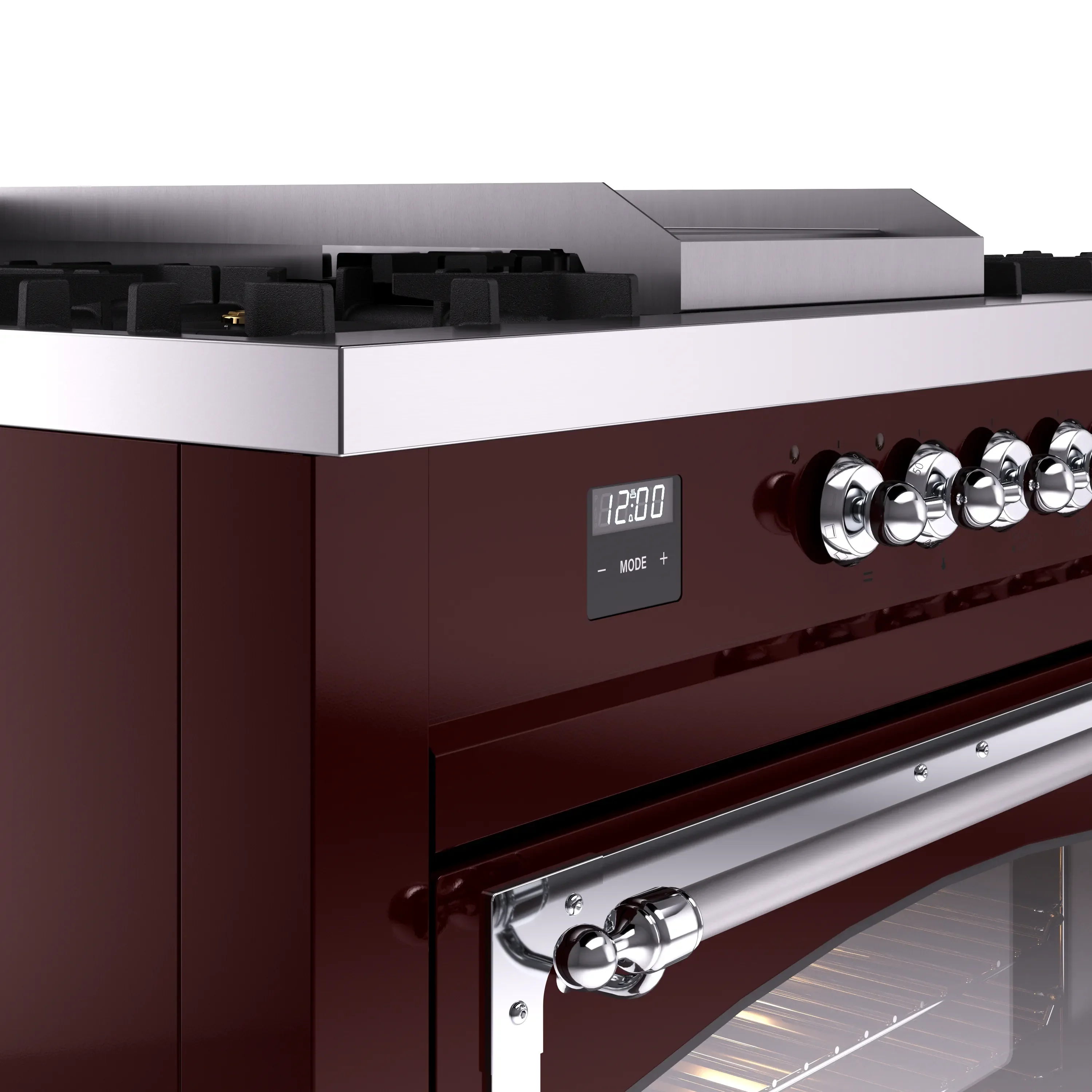 ILVE 60-Inch Nostalgie II Noblesse Natural Gas Dual Fuel Range with 7 Sealed Burners, Griddle, French Top and Triple Glass Door Oven in Burgundy with Chrome Trim (UN60FSNMPBUC) - Image 3