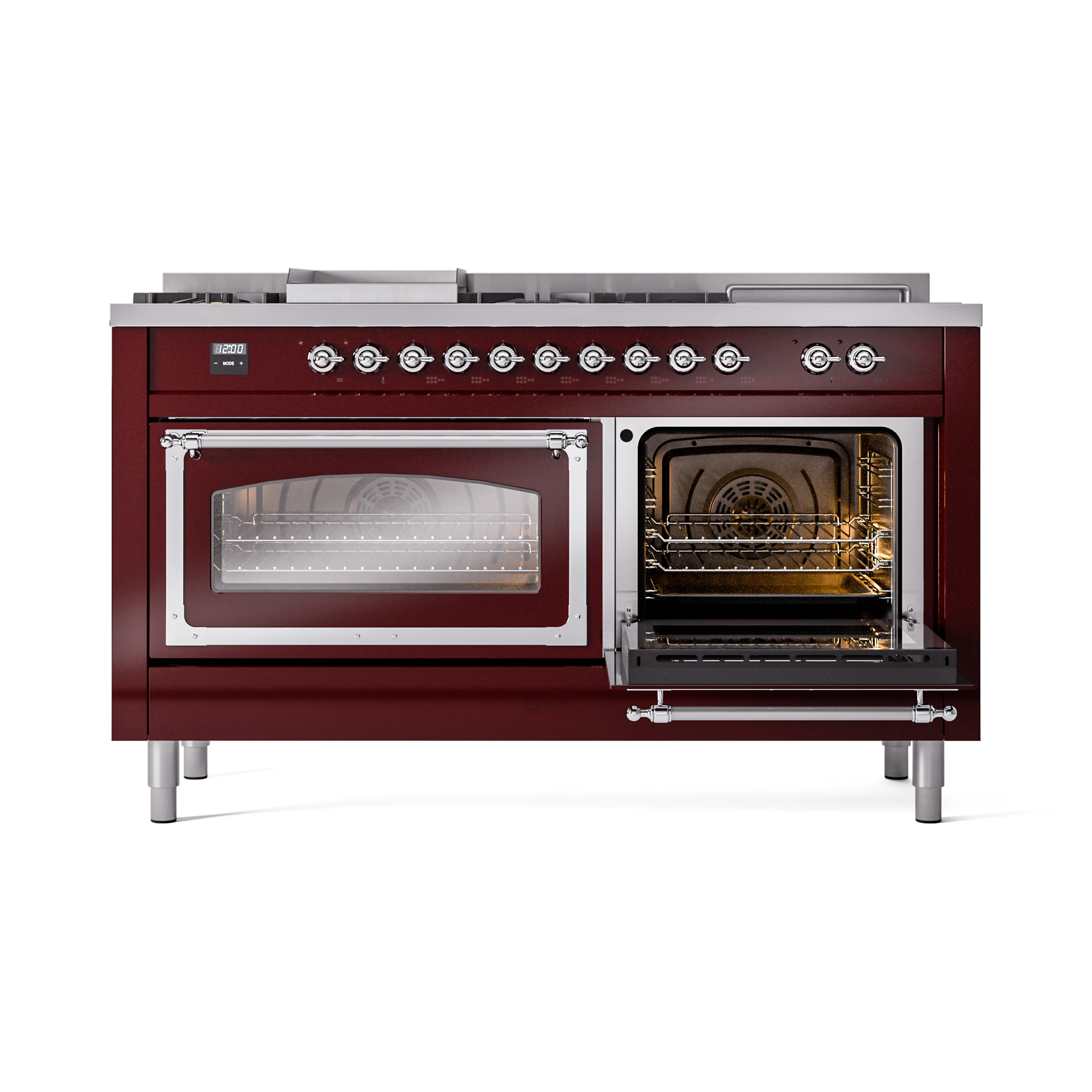 ILVE 60-Inch Nostalgie II Noblesse Natural Gas Dual Fuel Range with 7 Sealed Burners, Griddle, French Top and Triple Glass Door Oven in Burgundy with Chrome Trim (UN60FSNMPBUC) - Image 6