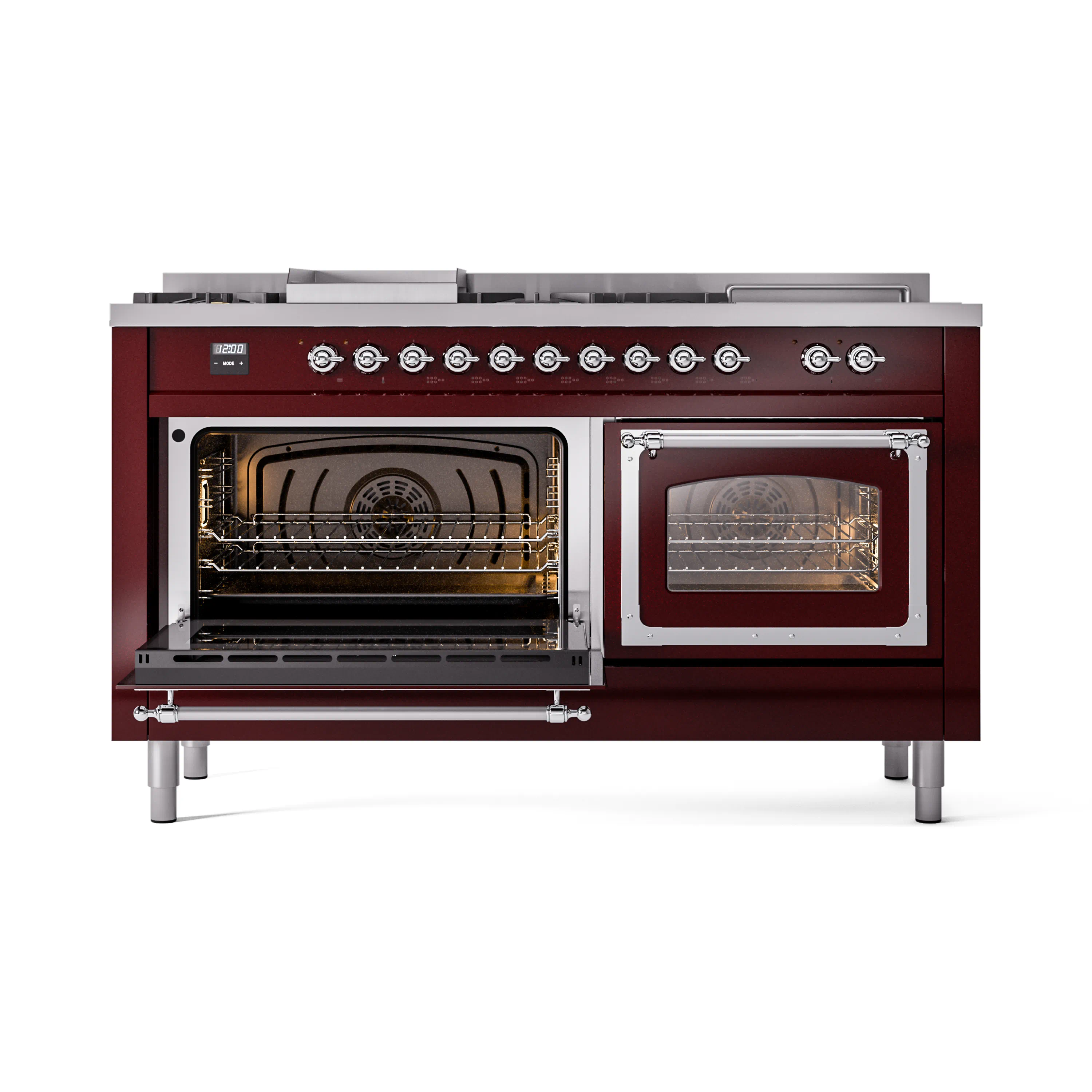 ILVE 60-Inch Nostalgie II Noblesse Natural Gas Dual Fuel Range with 7 Sealed Burners, Griddle, French Top and Triple Glass Door Oven in Burgundy with Chrome Trim (UN60FSNMPBUC) - Image 7