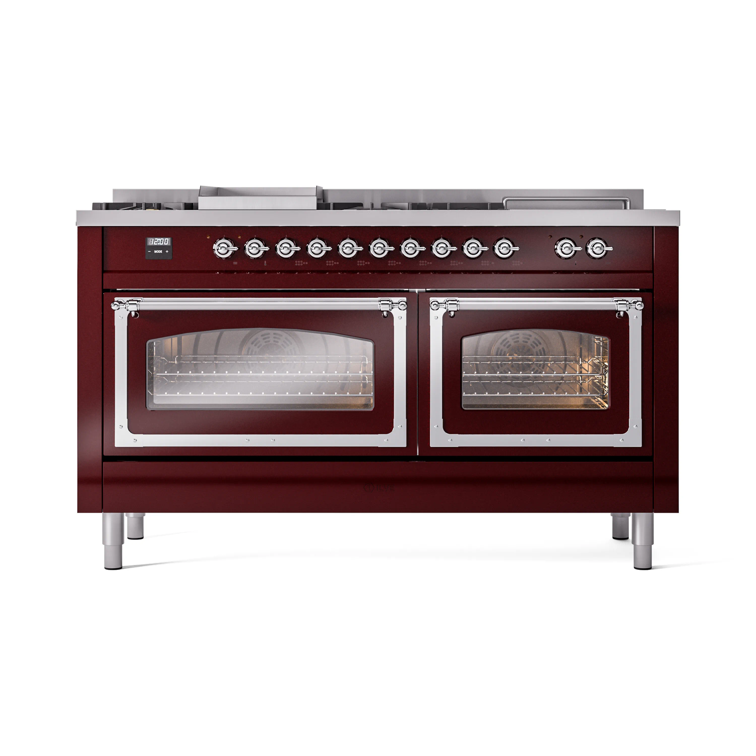 ILVE 60-Inch Nostalgie II Noblesse Natural Gas Dual Fuel Range with 7 Sealed Burners, Griddle, French Top and Triple Glass Door Oven in Burgundy with Chrome Trim (UN60FSNMPBUC) - Image 8