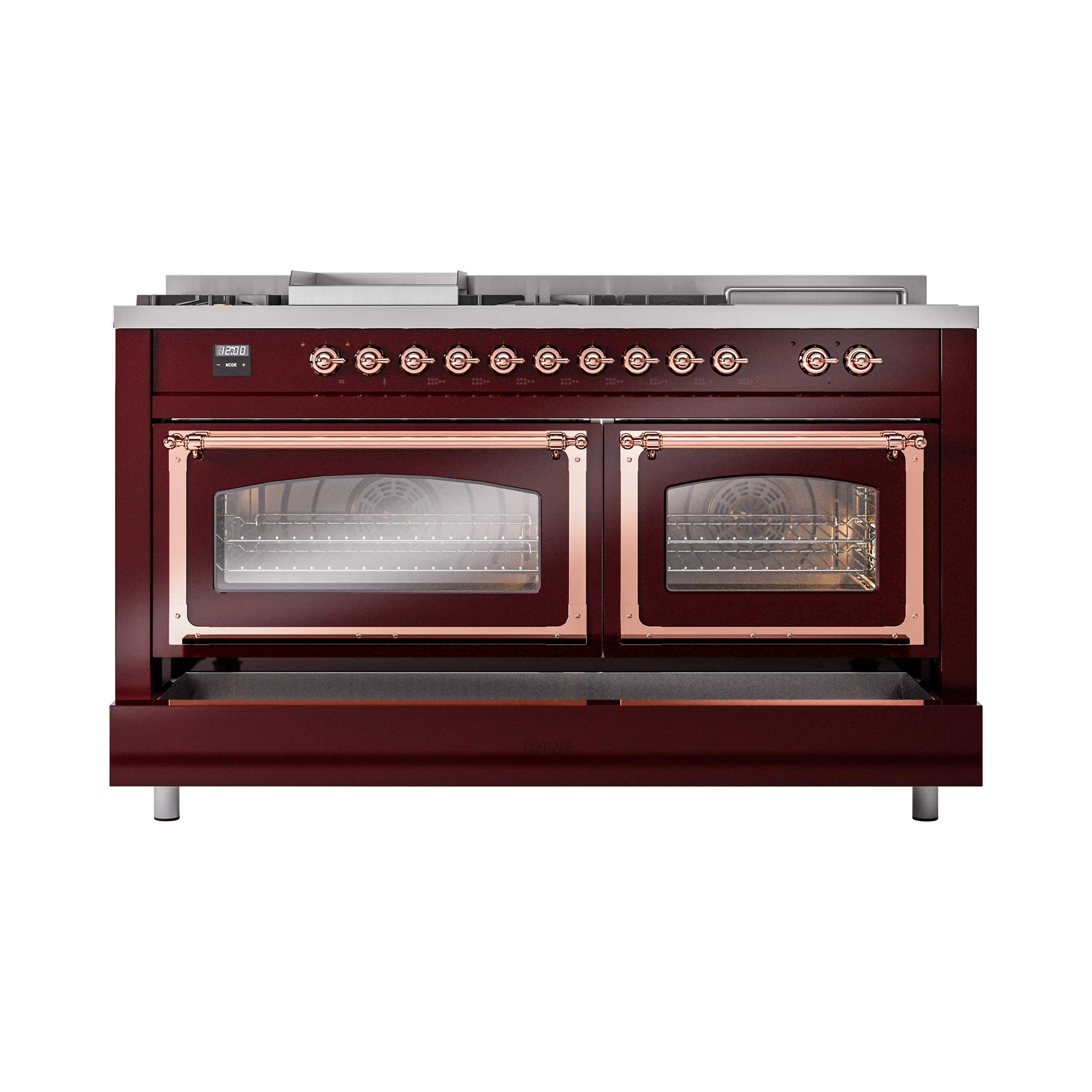 ILVE 60-Inch Nostalgie II Noblesse Natural Gas Dual Fuel Range with 7 Sealed Burners, Griddle, French Top and Triple Glass Door Oven in Burgundy with Copper Trim (UN60FSNMPBUP) - Image 2