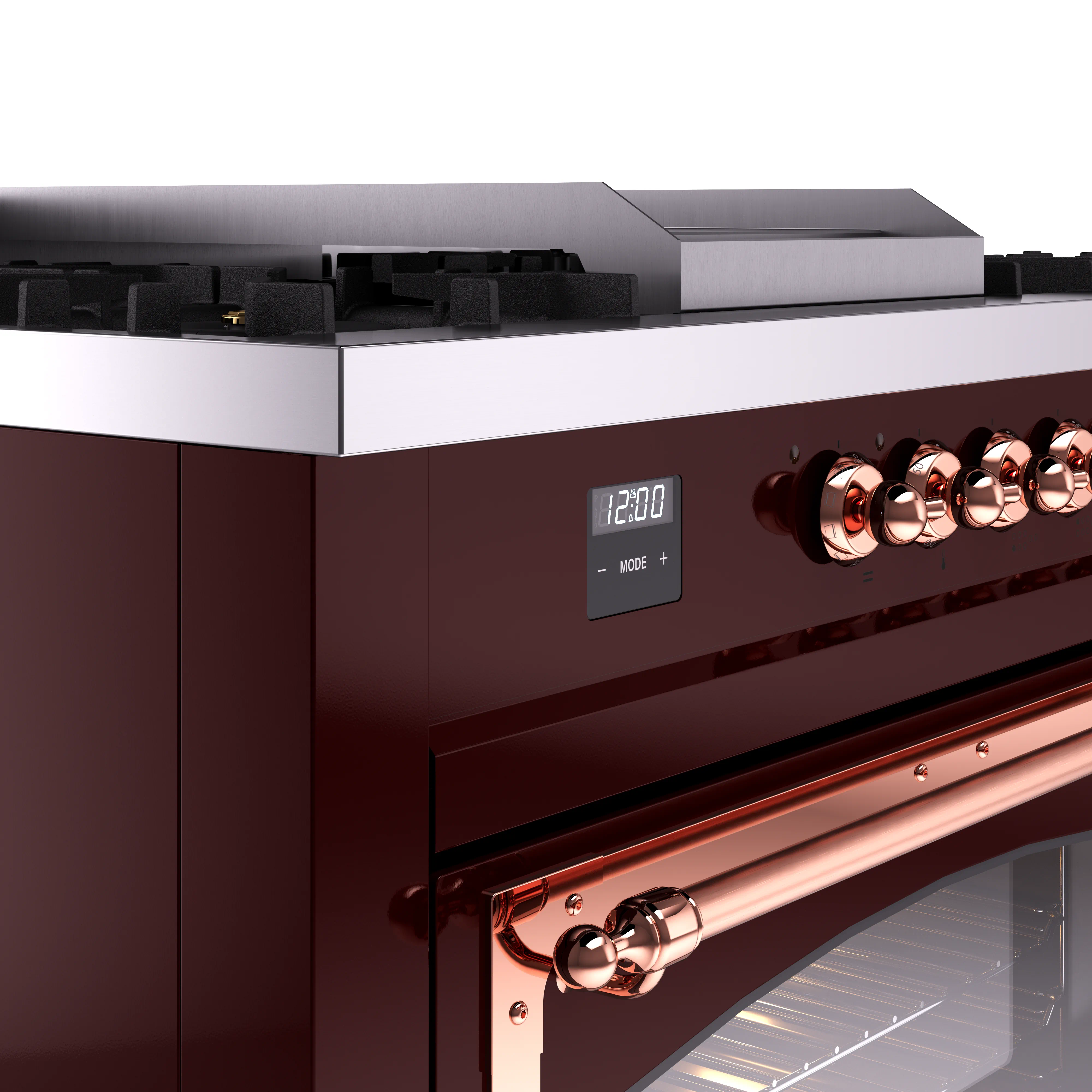 ILVE 60-Inch Nostalgie II Noblesse Natural Gas Dual Fuel Range with 7 Sealed Burners, Griddle, French Top and Triple Glass Door Oven in Burgundy with Copper Trim (UN60FSNMPBUP) - Image 3