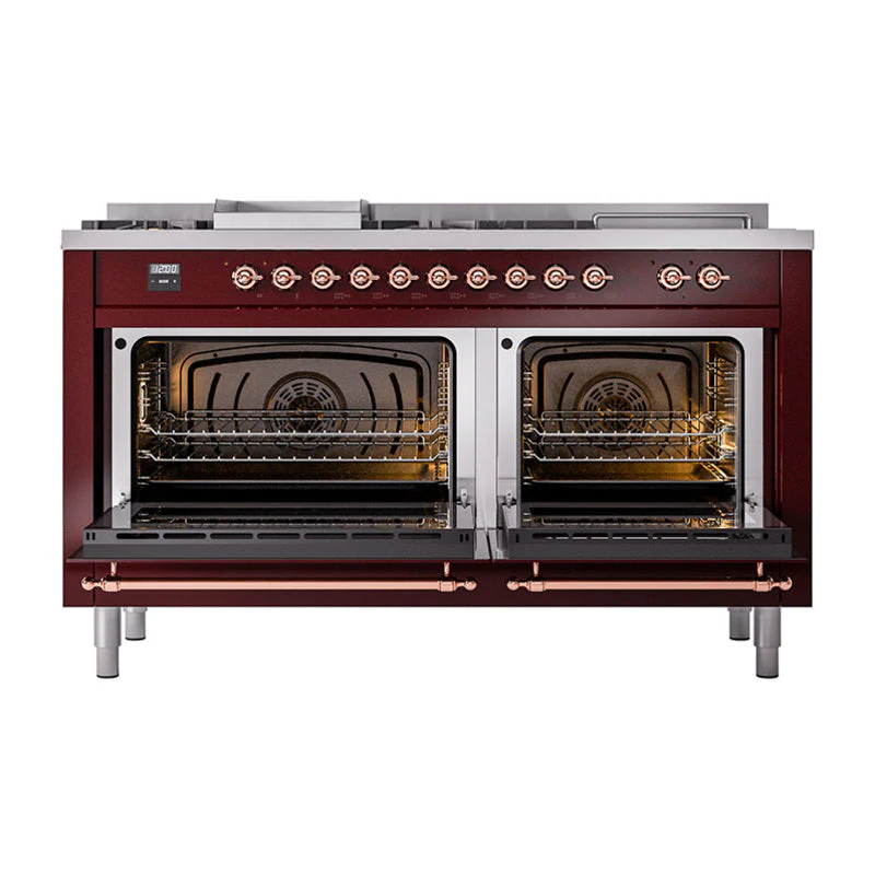 ILVE 60-Inch Nostalgie II Noblesse Natural Gas Dual Fuel Range with 7 Sealed Burners, Griddle, French Top and Triple Glass Door Oven in Burgundy with Copper Trim (UN60FSNMPBUP) - Image 5
