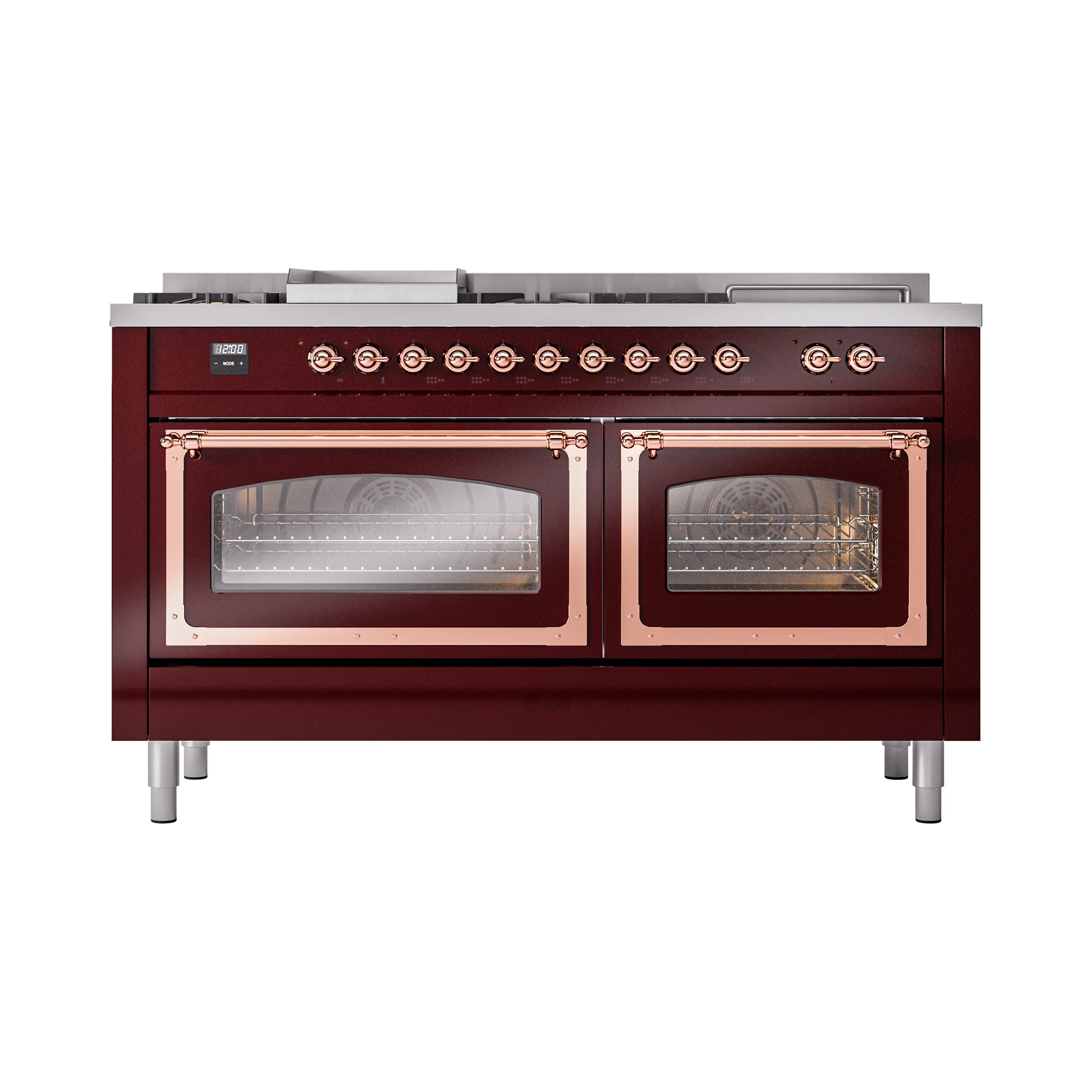 ILVE 60-Inch Nostalgie II Noblesse Natural Gas Dual Fuel Range with 7 Sealed Burners, Griddle, French Top and Triple Glass Door Oven in Burgundy with Copper Trim (UN60FSNMPBUP) - Image 6