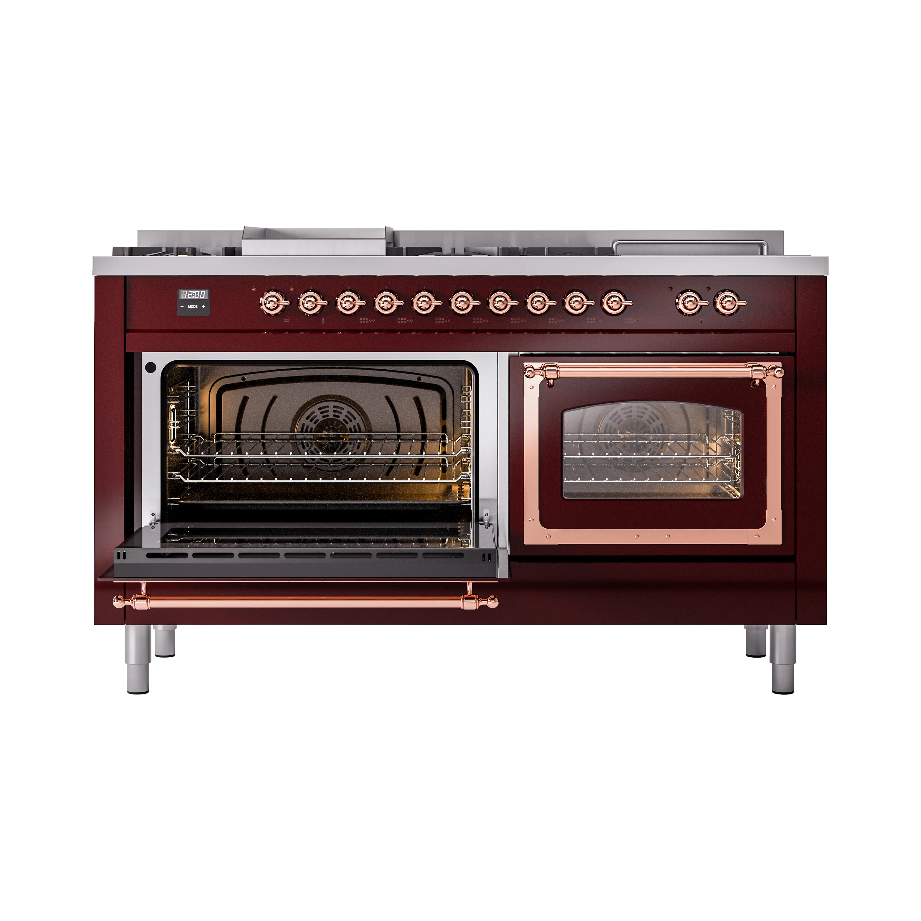 ILVE 60-Inch Nostalgie II Noblesse Natural Gas Dual Fuel Range with 7 Sealed Burners, Griddle, French Top and Triple Glass Door Oven in Burgundy with Copper Trim (UN60FSNMPBUP) - Image 7