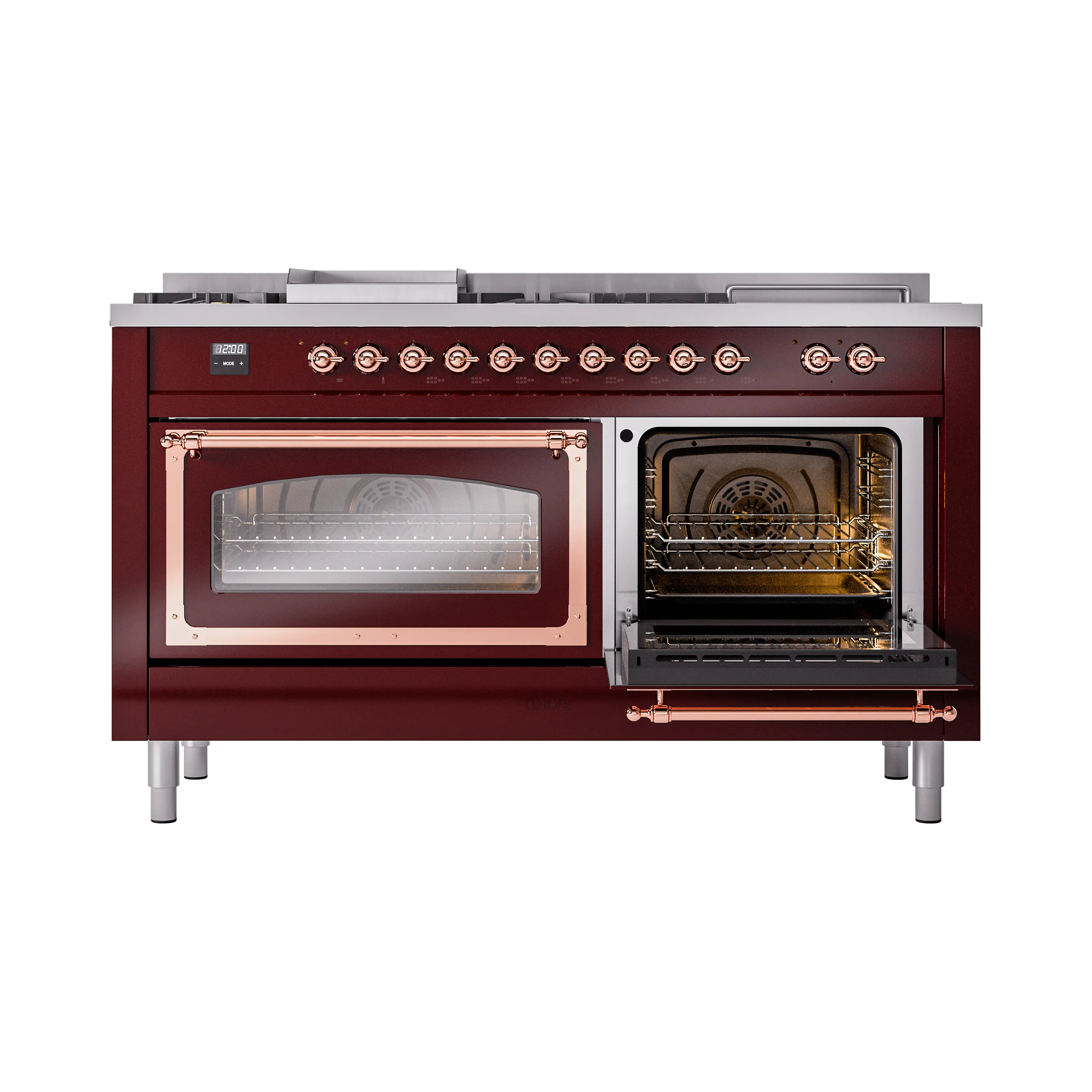 ILVE 60-Inch Nostalgie II Noblesse Natural Gas Dual Fuel Range with 7 Sealed Burners, Griddle, French Top and Triple Glass Door Oven in Burgundy with Copper Trim (UN60FSNMPBUP) - Image 8