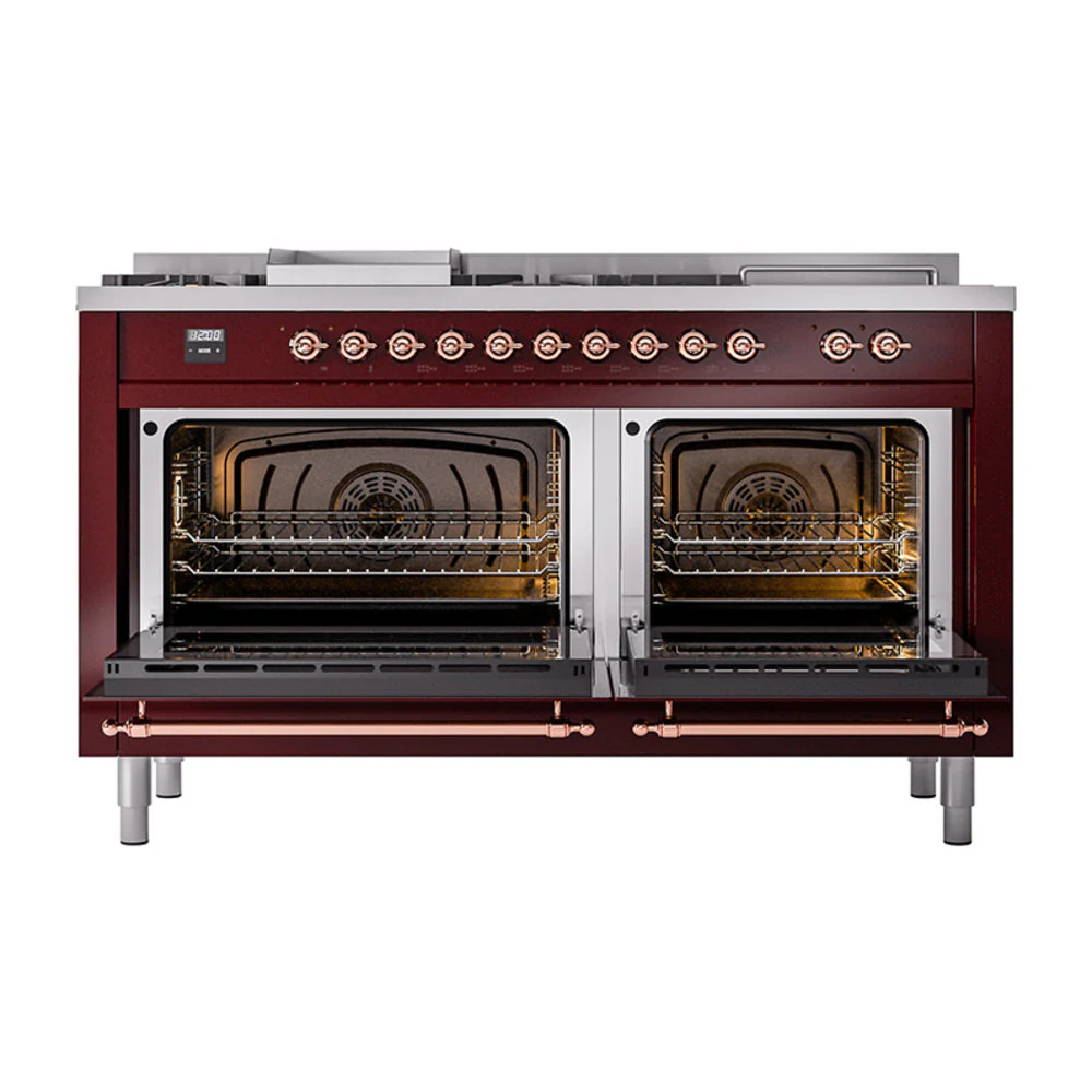 ILVE 60-Inch Nostalgie II Noblesse Natural Gas Dual Fuel Range with 7 Sealed Burners, Gridlde, French Top, and Solid Door Oven in Burgundy with Copper Trim (UN60FSQNMPBUP) - Image 2