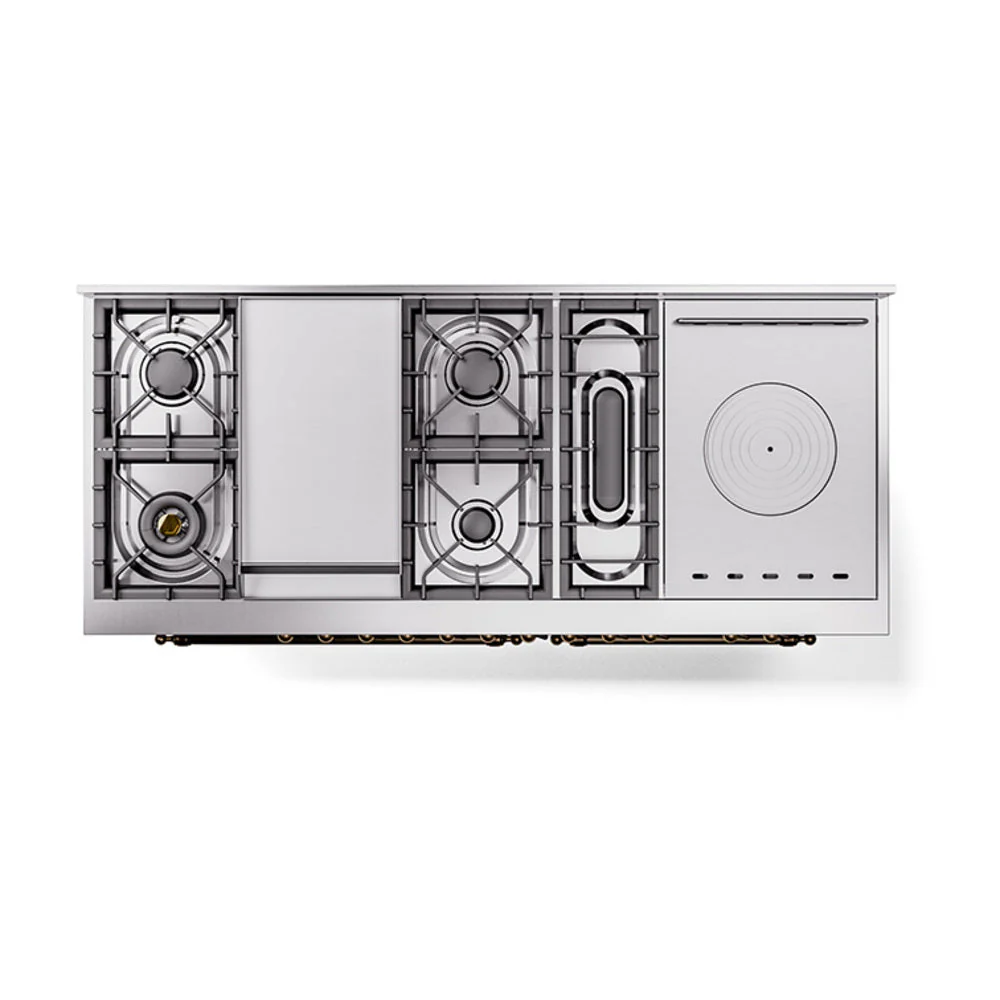 ILVE 60-Inch Nostalgie II Noblesse Natural Gas Dual Fuel Range with 7 Sealed Burners, Griddle, French Top, and Triple Glass Door Oven in Custom RAL with Bronze Trim (UN60FSNMPRAB) - Image 4
