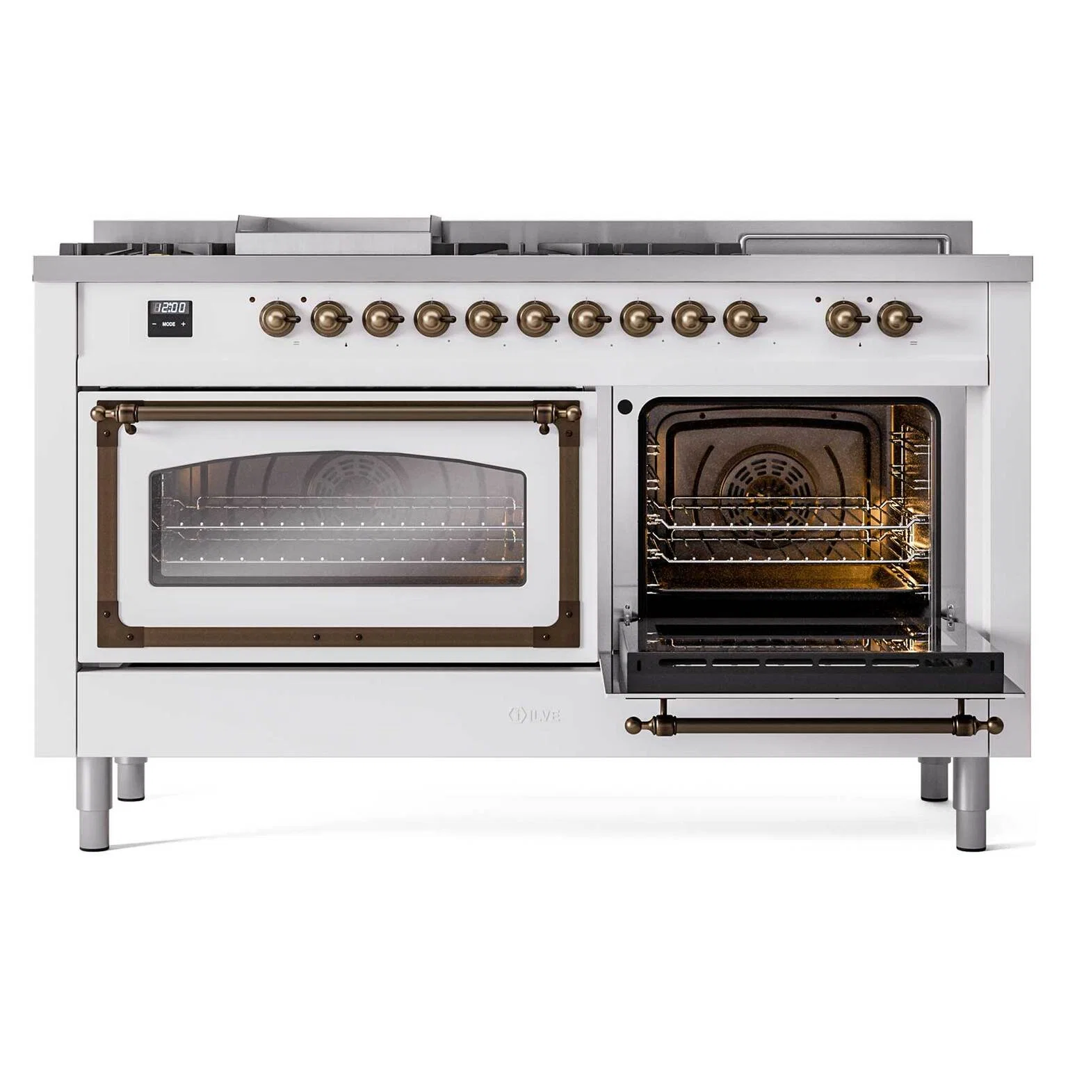 ILVE 60-Inch Nostalgie II Noblesse Natural Gas Dual Fuel Range with 7 Sealed Burners, Griddle, French Top, and Triple Glass Door Oven in Custom RAL with Bronze Trim (UN60FSNMPRAB) - Image 7