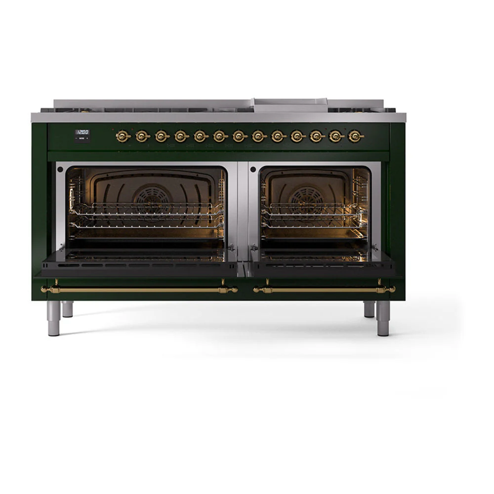 ILVE 60-Inch Nostalgie II Noblesse Natural Gas Dual Fuel Range with 9 Sealed Burners, Griddle, and Solid Door Oven in Emerald Green with Brass Trim (UN60FQNMPEGG) - Image 2