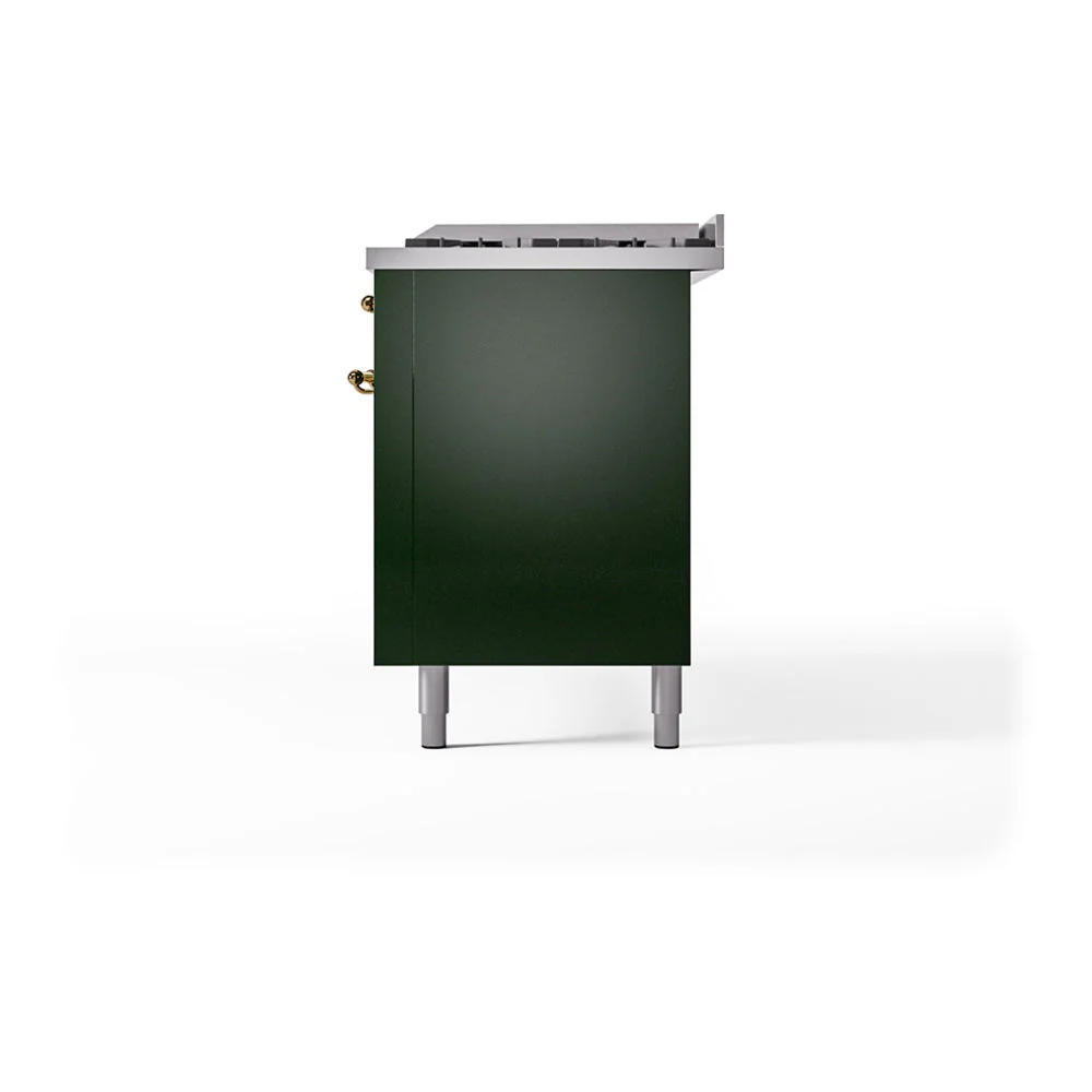 ILVE 60-Inch Nostalgie II Noblesse Natural Gas Dual Fuel Range with 9 Sealed Burners, Griddle, and Solid Door Oven in Emerald Green with Brass Trim (UN60FQNMPEGG) - Image 5