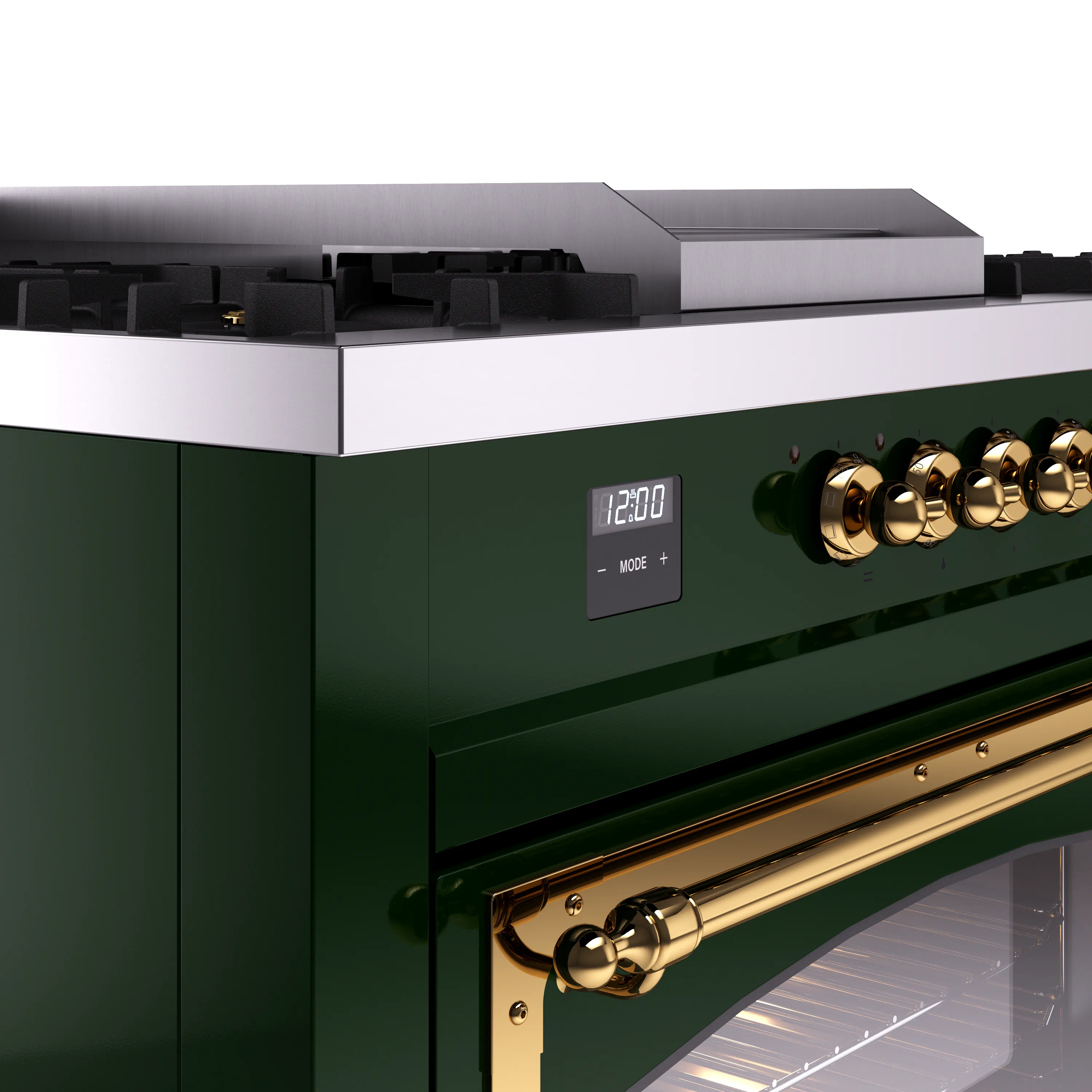 ILVE 60-Inch Nostalgie II Noblesse Natural Gas Dual Fuel Range with 7 Sealed Burners, Griddle, French Top, and Triple Glass Door Oven in Emerald Green with Brass Trim (UN60FSNMPEGG) - Image 3