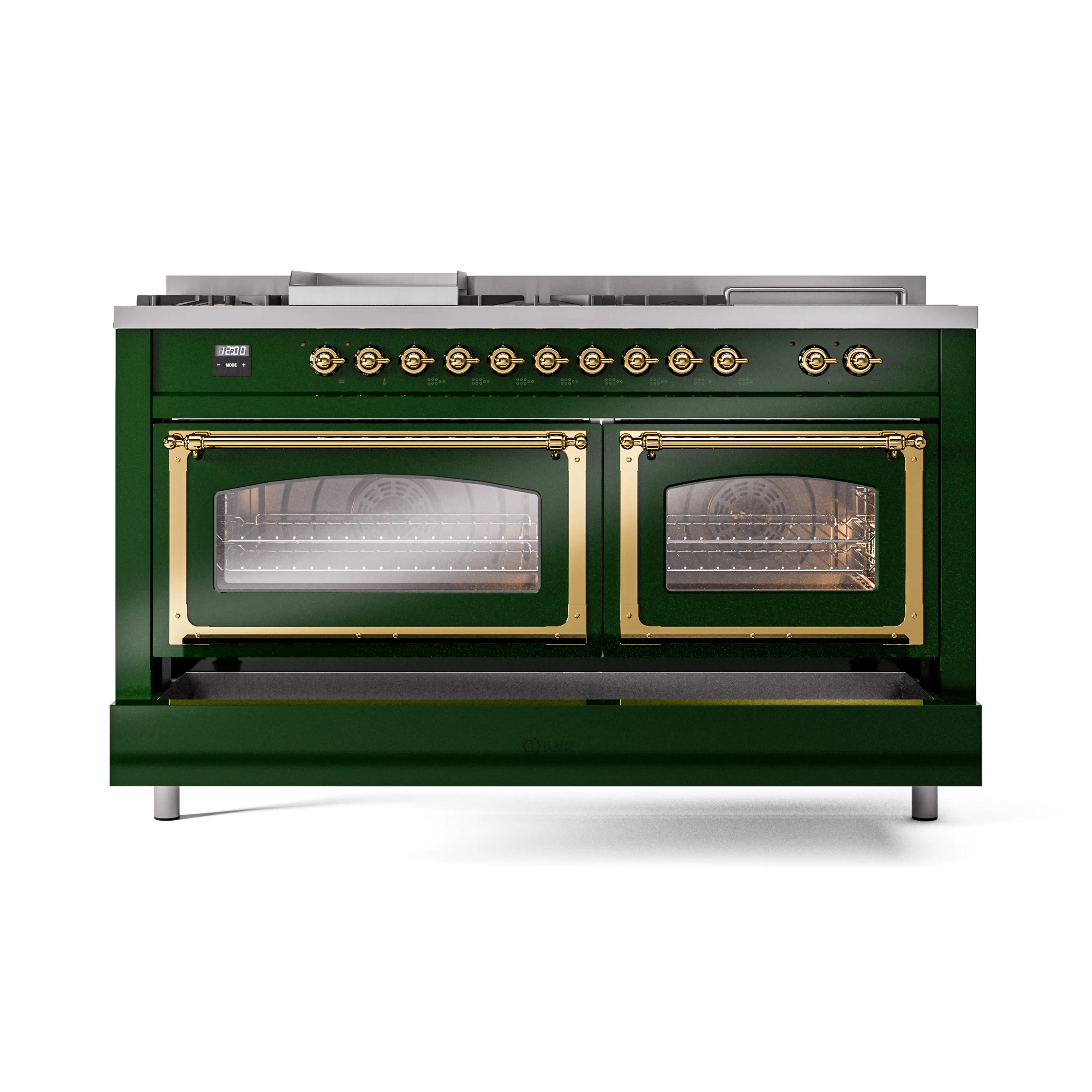 ILVE 60-Inch Nostalgie II Noblesse Natural Gas Dual Fuel Range with 7 Sealed Burners, Griddle, French Top, and Triple Glass Door Oven in Emerald Green with Brass Trim (UN60FSNMPEGG) - Image 6