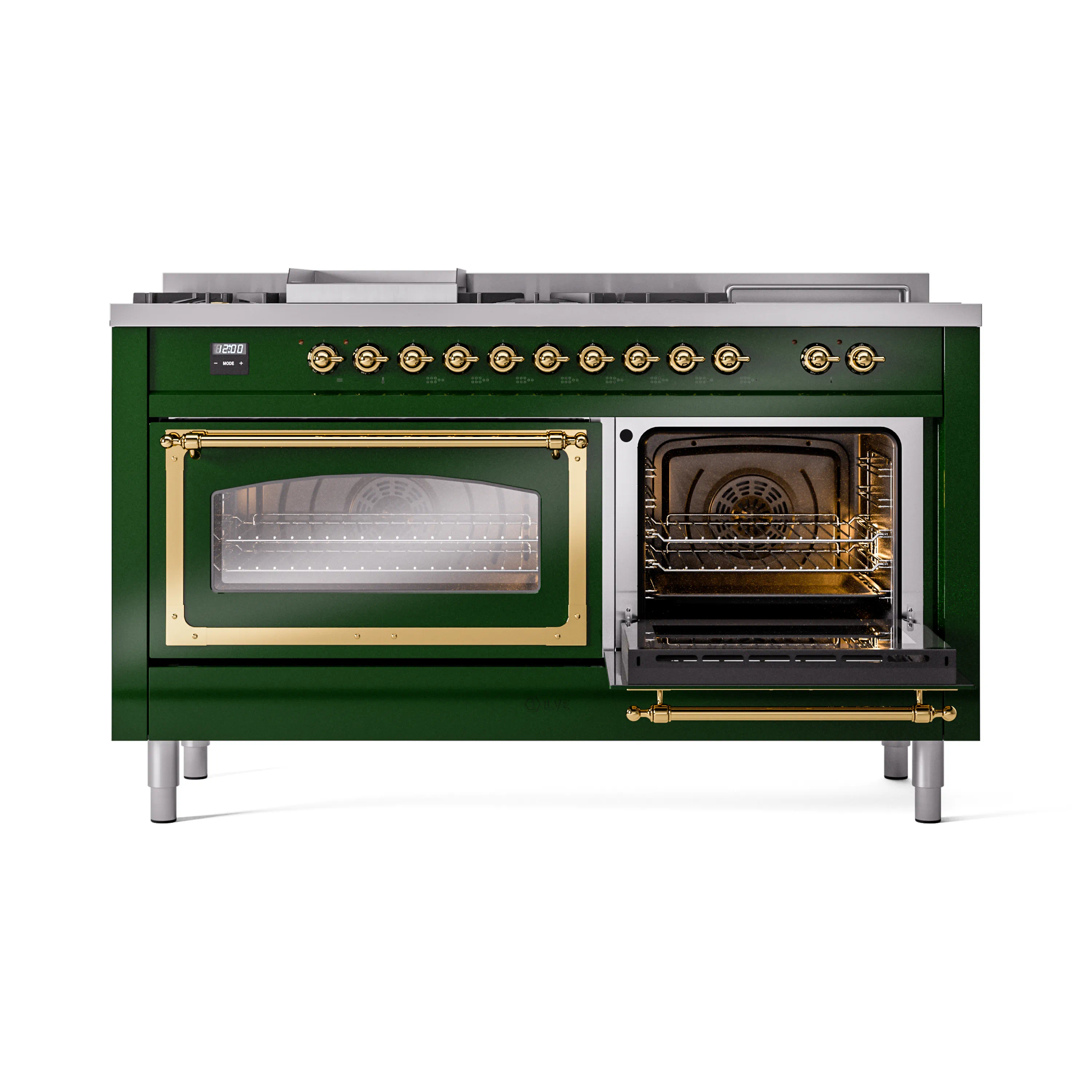 ILVE 60-Inch Nostalgie II Noblesse Natural Gas Dual Fuel Range with 7 Sealed Burners, Griddle, French Top, and Triple Glass Door Oven in Emerald Green with Brass Trim (UN60FSNMPEGG) - Image 7