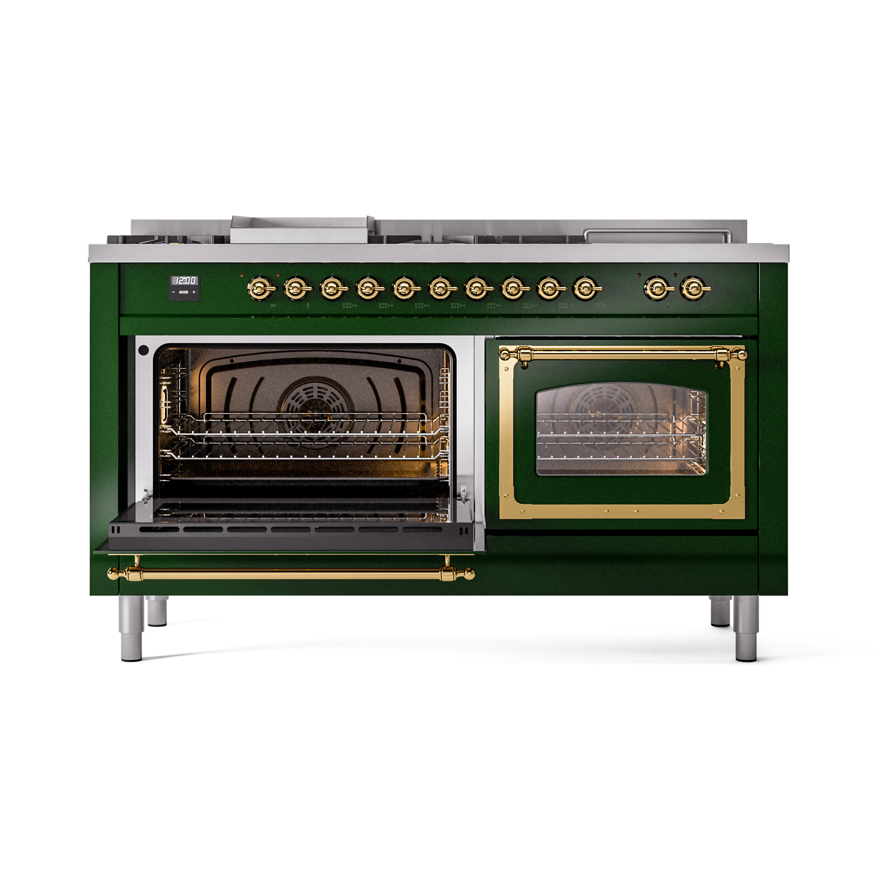 ILVE 60-Inch Nostalgie II Noblesse Natural Gas Dual Fuel Range with 7 Sealed Burners, Griddle, French Top, and Triple Glass Door Oven in Emerald Green with Brass Trim (UN60FSNMPEGG) - Image 8