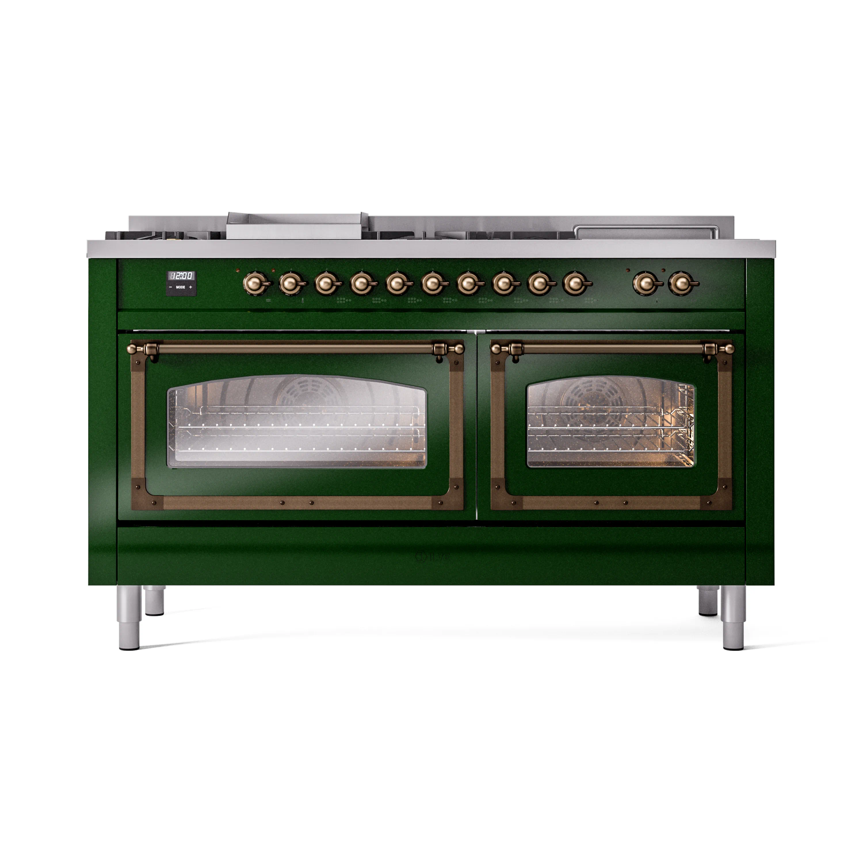 ILVE 60-Inch Nostalgie II Noblesse Natural Gas Dual Fuel Range with 7 Sealed Burners, Griddle, French Top, and Triple Glass Door Oven in Emerald Green with Bronze Trim (UN60FSNMPEGB) - Image 2