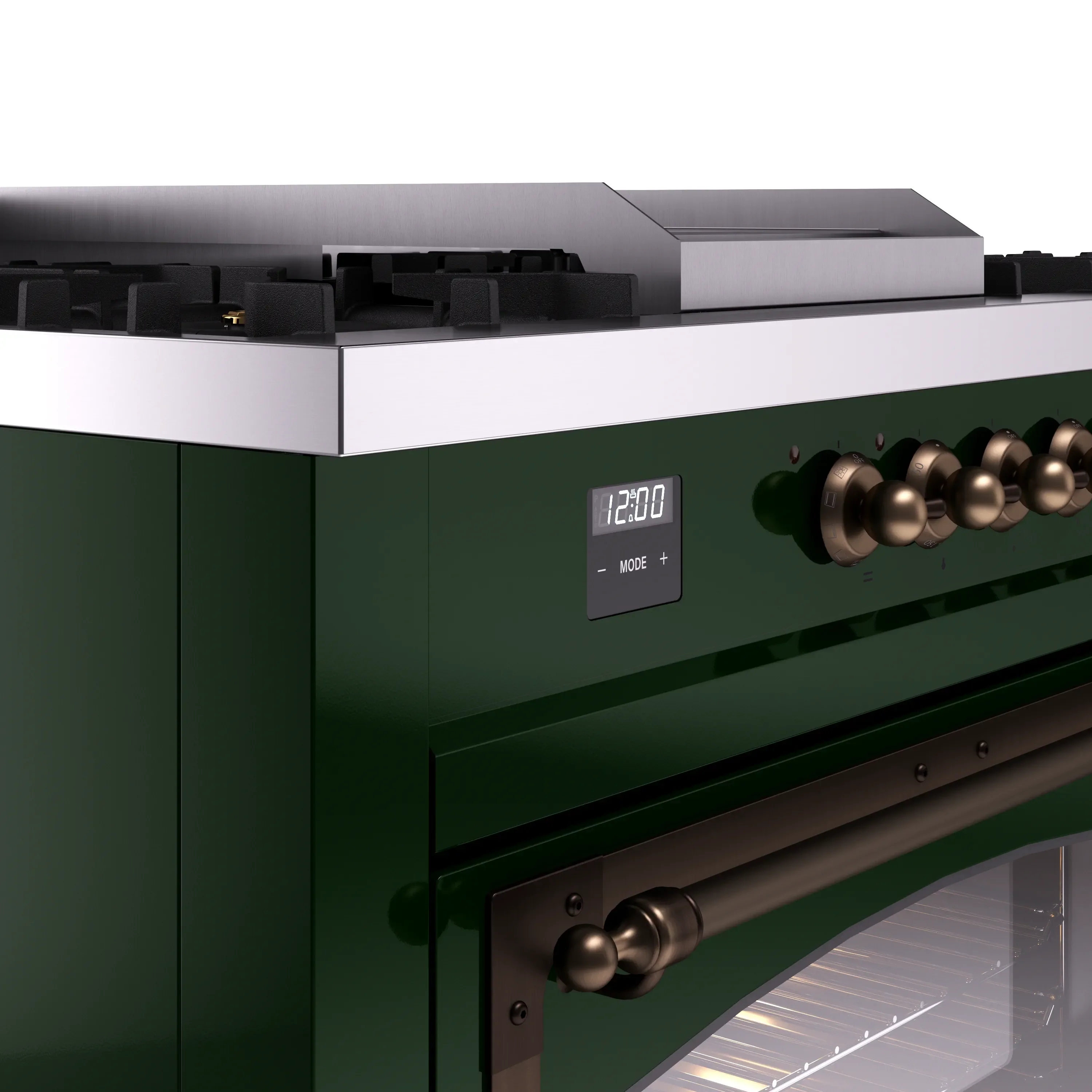 ILVE 60-Inch Nostalgie II Noblesse Natural Gas Dual Fuel Range with 7 Sealed Burners, Griddle, French Top, and Triple Glass Door Oven in Emerald Green with Bronze Trim (UN60FSNMPEGB) - Image 3
