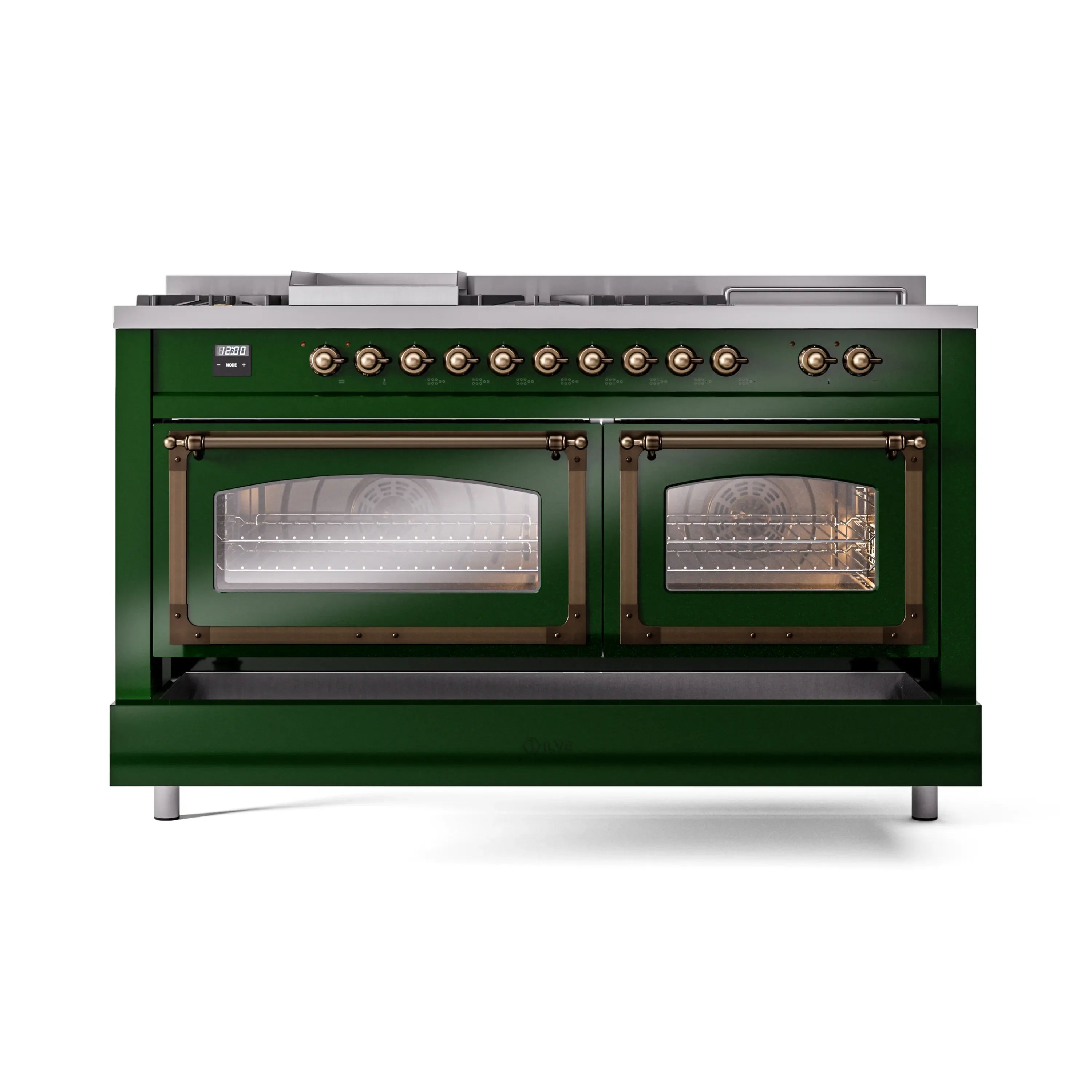 ILVE 60-Inch Nostalgie II Noblesse Natural Gas Dual Fuel Range with 7 Sealed Burners, Griddle, French Top, and Triple Glass Door Oven in Emerald Green with Bronze Trim (UN60FSNMPEGB) - Image 6