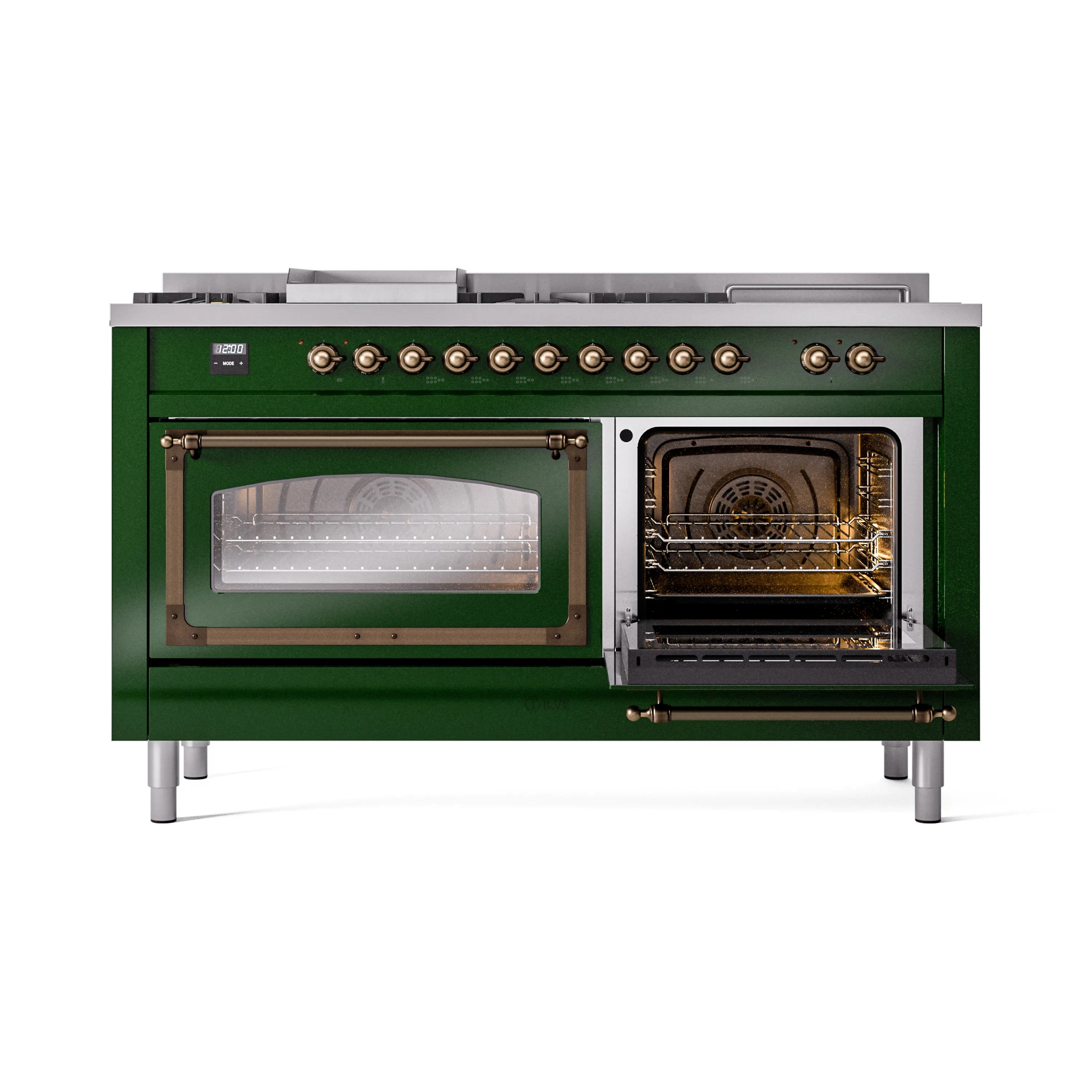ILVE 60-Inch Nostalgie II Noblesse Natural Gas Dual Fuel Range with 7 Sealed Burners, Griddle, French Top, and Triple Glass Door Oven in Emerald Green with Bronze Trim (UN60FSNMPEGB) - Image 7