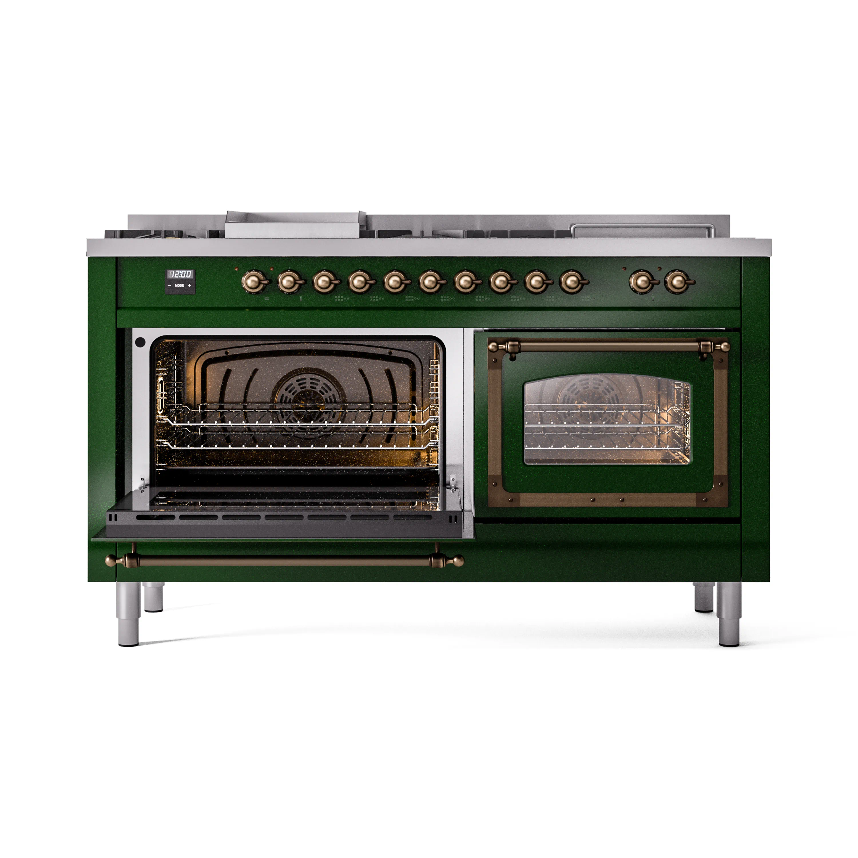 ILVE 60-Inch Nostalgie II Noblesse Natural Gas Dual Fuel Range with 7 Sealed Burners, Griddle, French Top, and Triple Glass Door Oven in Emerald Green with Bronze Trim (UN60FSNMPEGB) - Image 8