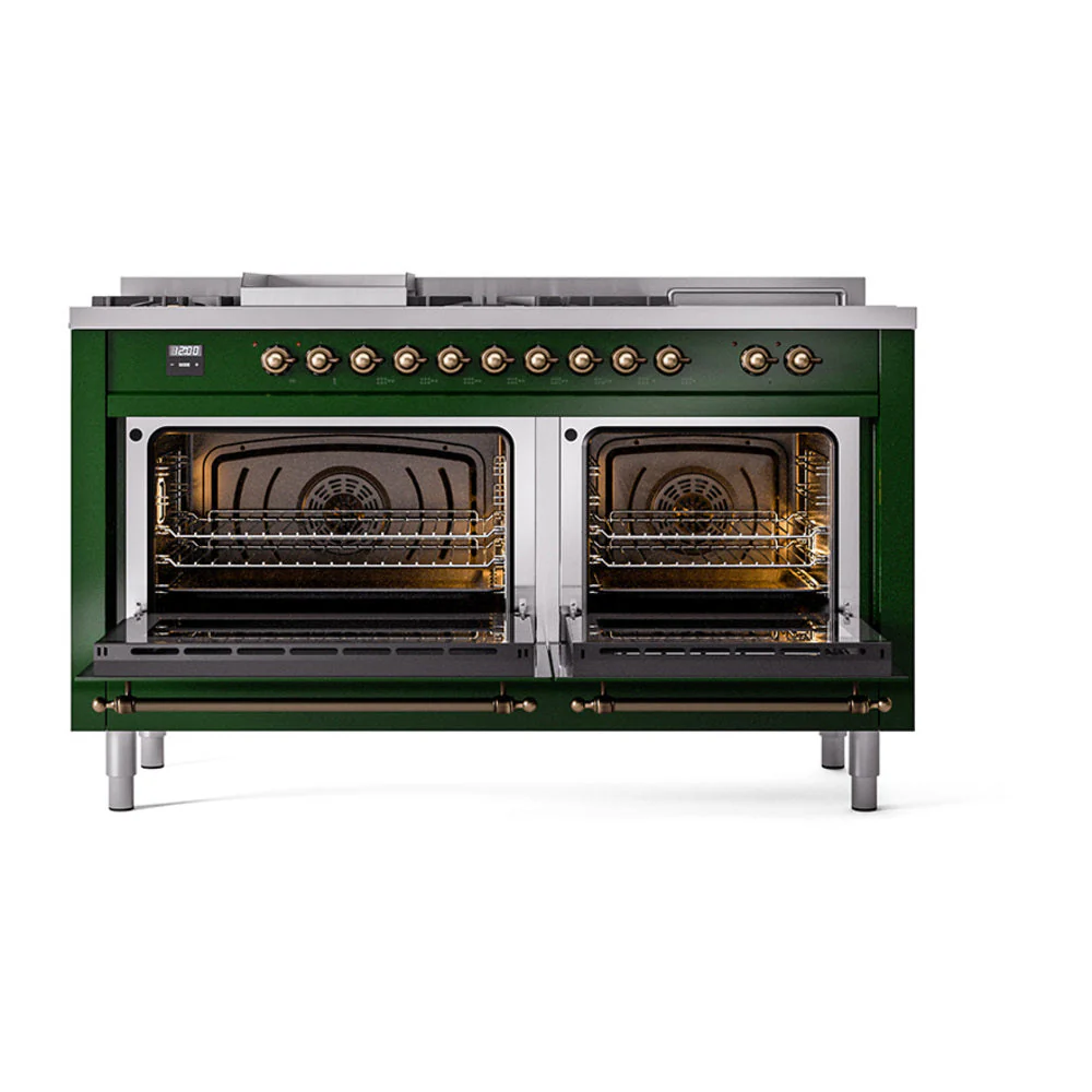 ILVE 60-Inch Nostalgie II Noblesse Natural Gas Dual Fuel Range with 7 Sealed Burners, Gridlde, French Top, and Solid Door Oven in Emerald Green with Bronze Trim (UN60FSQNMPEGB) - Image 2