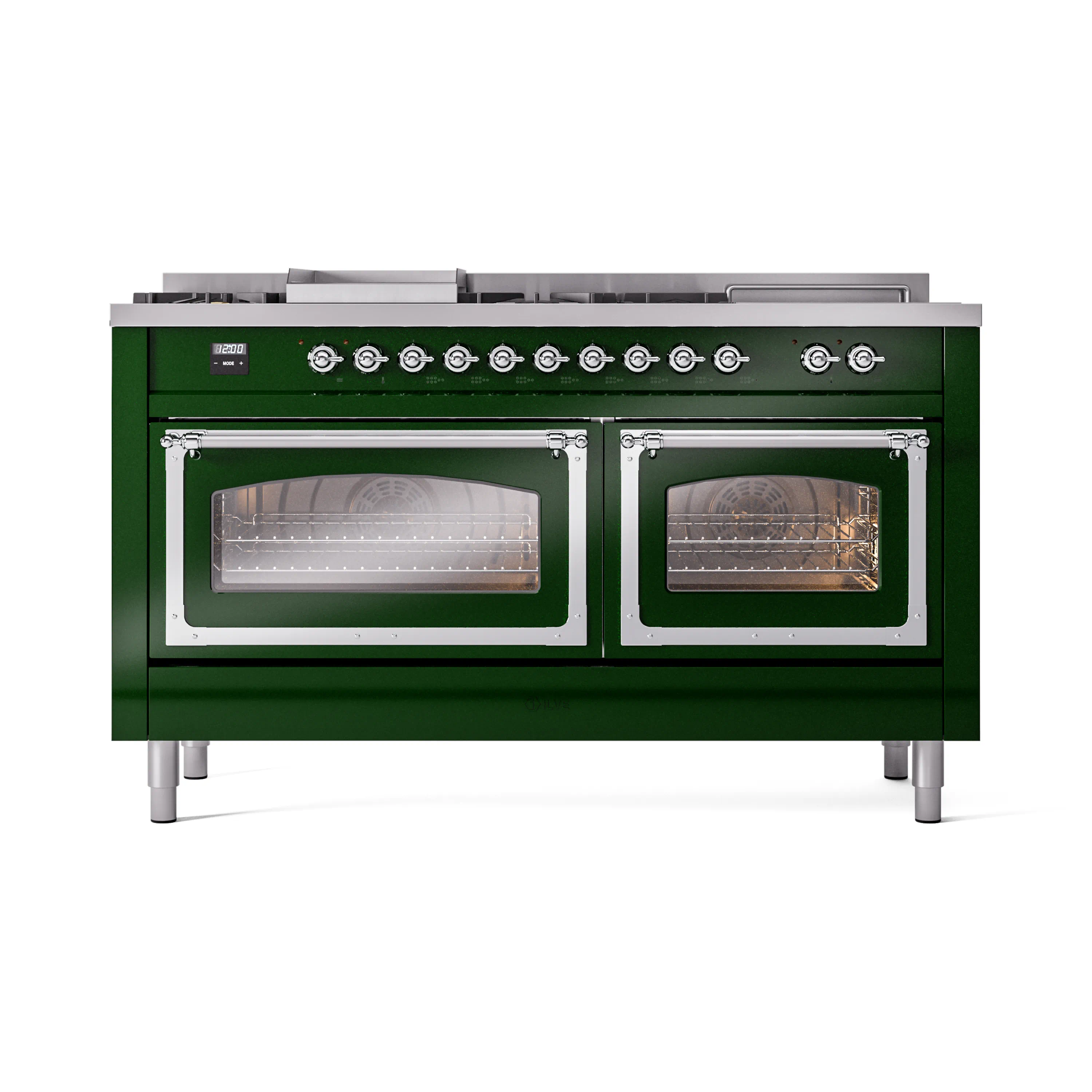 ILVE 60-Inch Nostalgie II Noblesse Natural Gas Dual Fuel Range with 7 Sealed Burners, Griddle, French Top, and Triple Glass Door Oven in Emerald Green with Chrome Trim (UN60FSNMPEGC) - Image 2