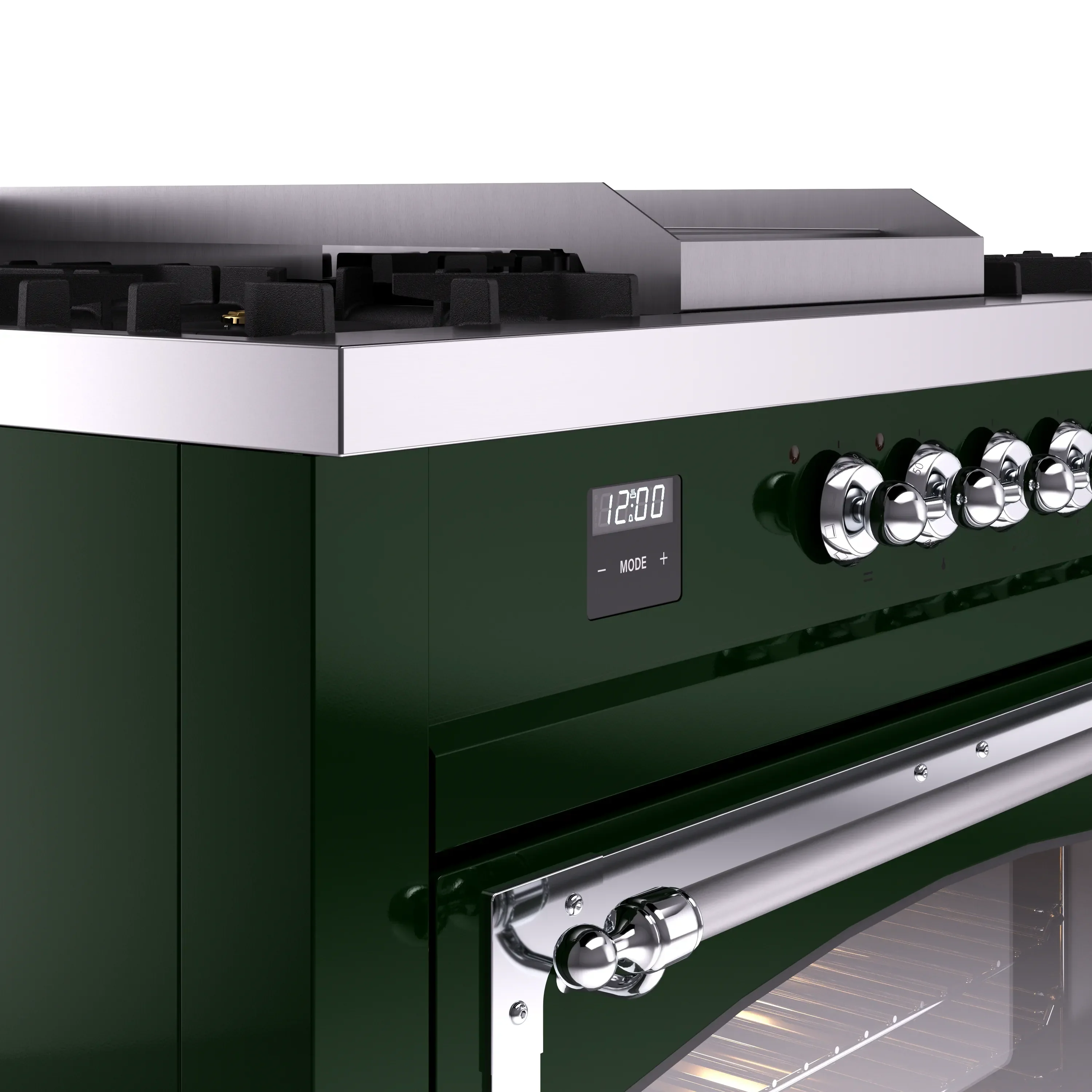 ILVE 60-Inch Nostalgie II Noblesse Natural Gas Dual Fuel Range with 7 Sealed Burners, Griddle, French Top, and Triple Glass Door Oven in Emerald Green with Chrome Trim (UN60FSNMPEGC) - Image 3