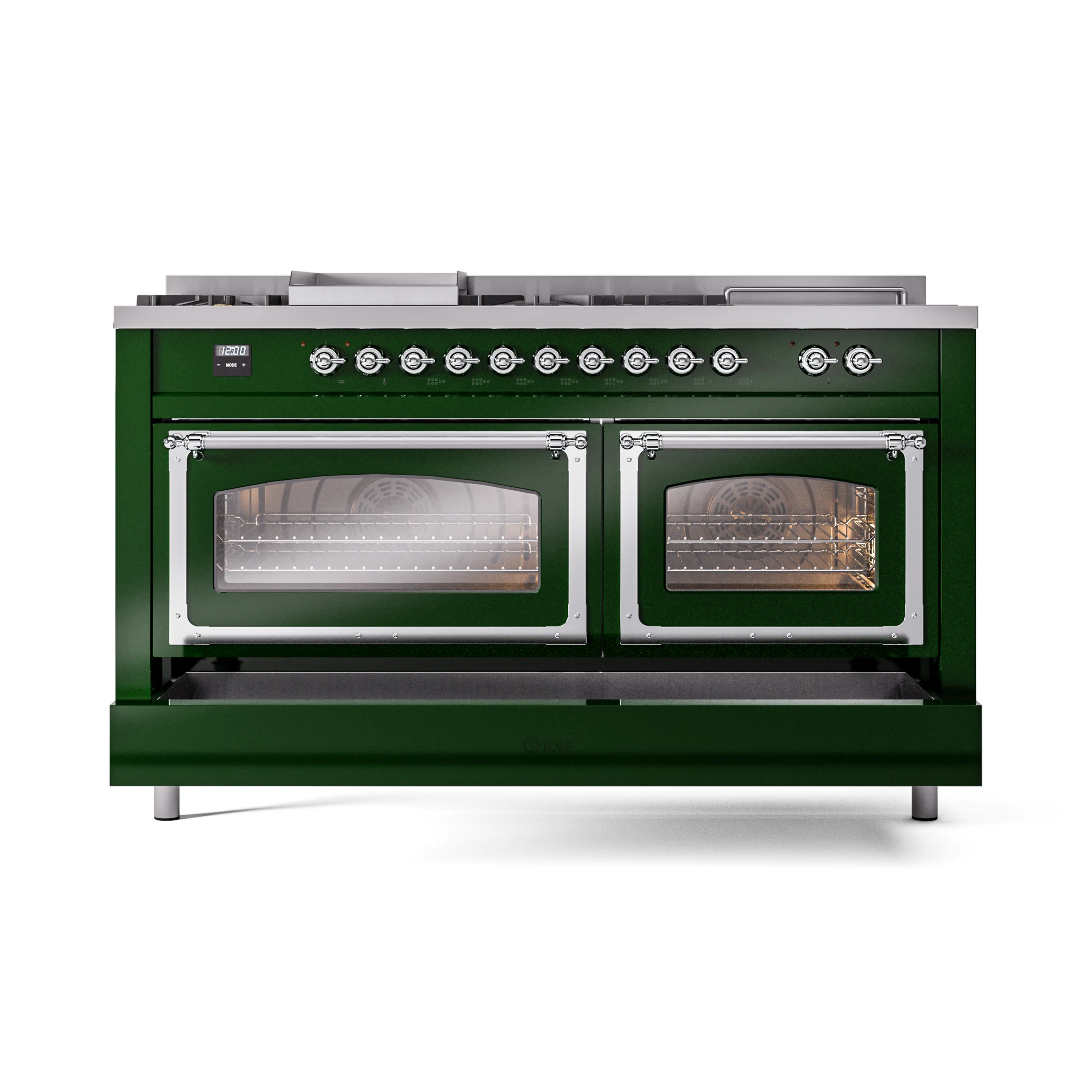 ILVE 60-Inch Nostalgie II Noblesse Natural Gas Dual Fuel Range with 7 Sealed Burners, Griddle, French Top, and Triple Glass Door Oven in Emerald Green with Chrome Trim (UN60FSNMPEGC) - Image 6