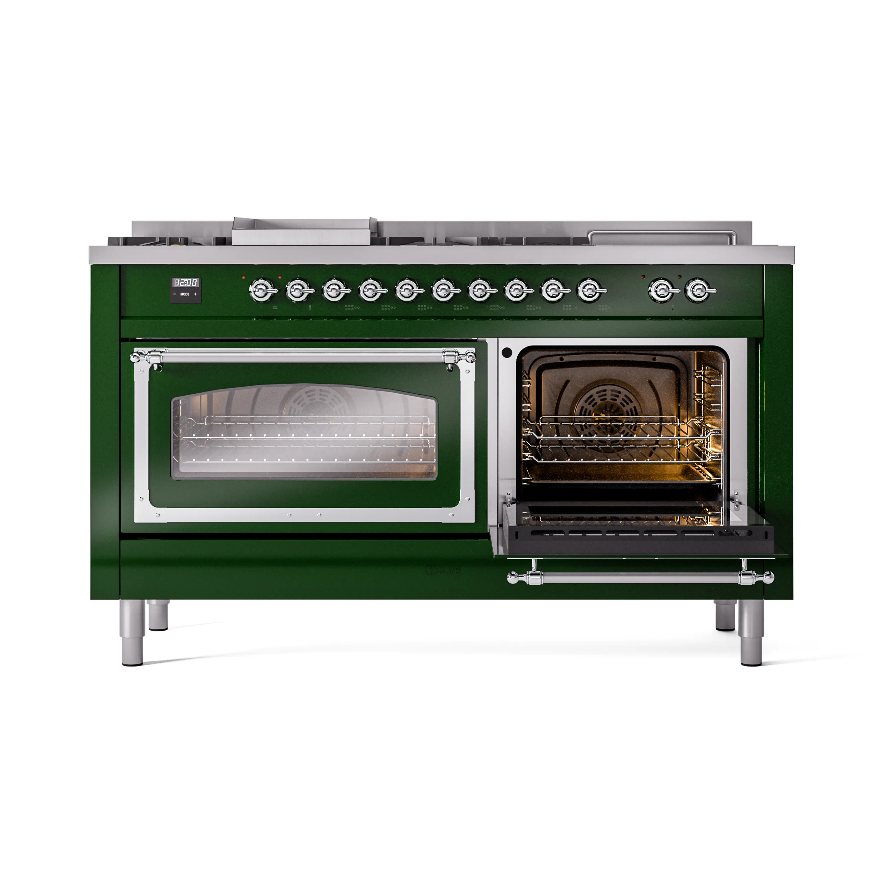 ILVE 60-Inch Nostalgie II Noblesse Natural Gas Dual Fuel Range with 7 Sealed Burners, Griddle, French Top, and Triple Glass Door Oven in Emerald Green with Chrome Trim (UN60FSNMPEGC) - Image 7