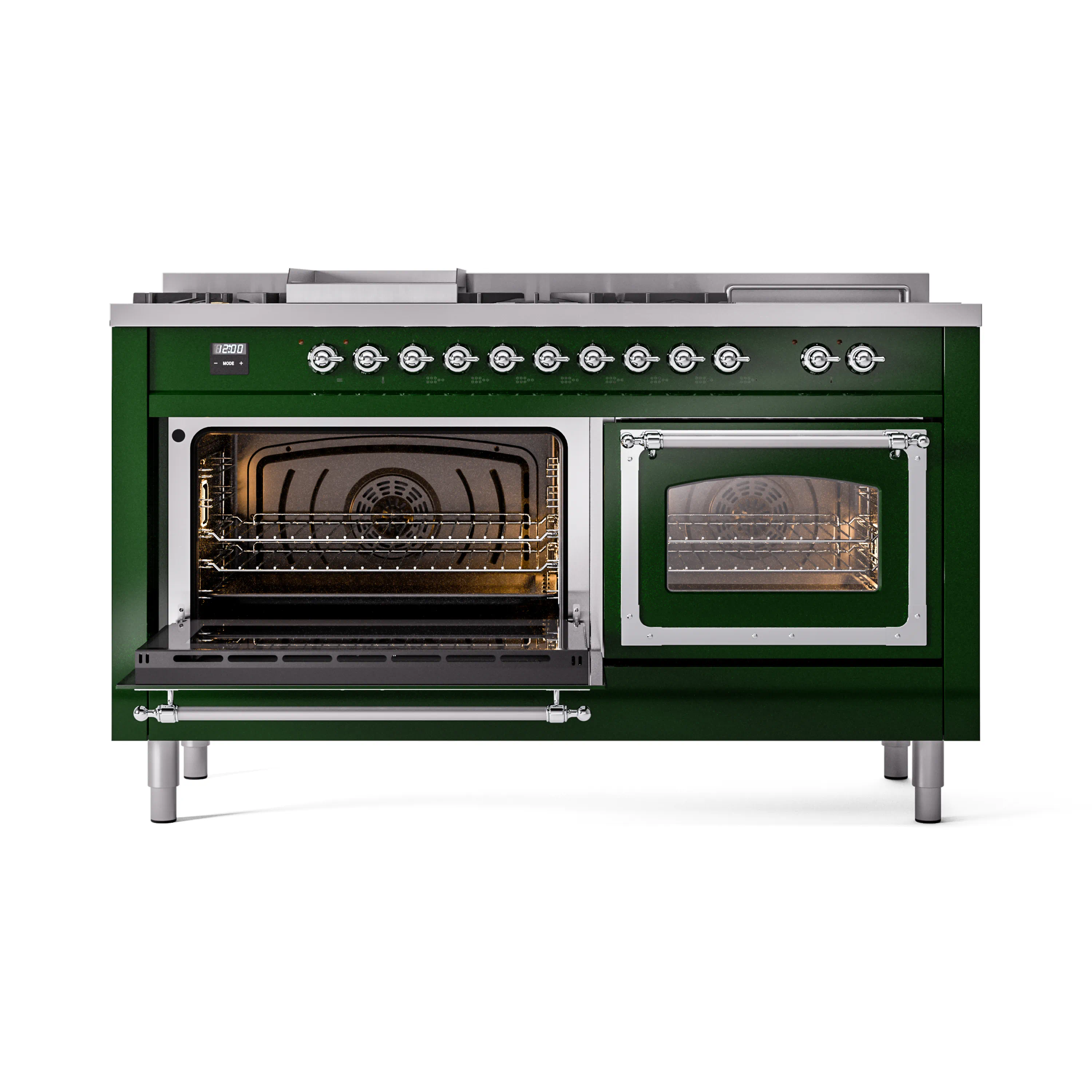 ILVE 60-Inch Nostalgie II Noblesse Natural Gas Dual Fuel Range with 7 Sealed Burners, Griddle, French Top, and Triple Glass Door Oven in Emerald Green with Chrome Trim (UN60FSNMPEGC) - Image 8