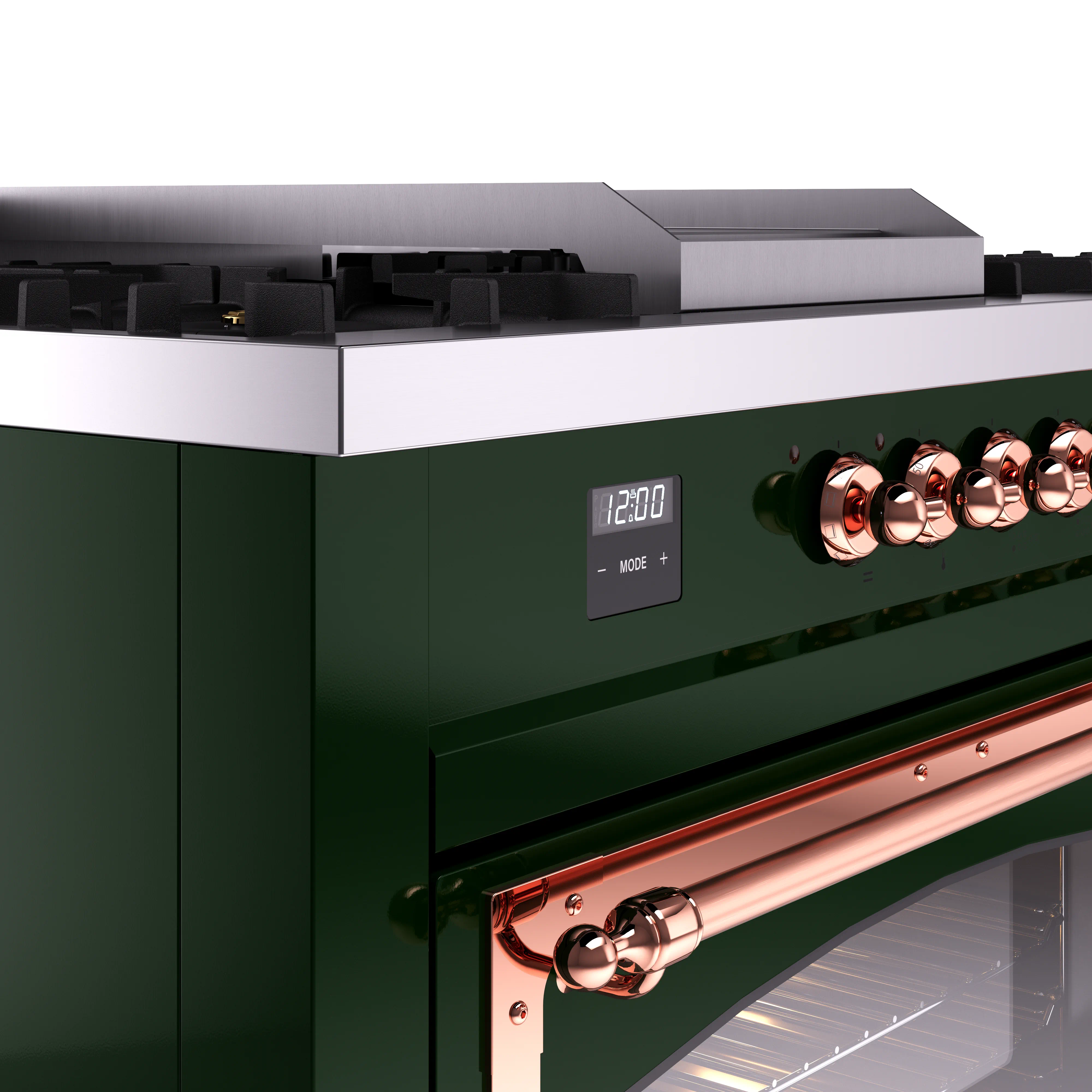 ILVE 60-Inch Nostalgie II Noblesse Natural Gas Dual Fuel Range with 7 Sealed Burners, Griddle, French Top, and Triple Glass Door Oven in Emerald Green with Copper Trim (UN60FSNMPEGP) - Image 3