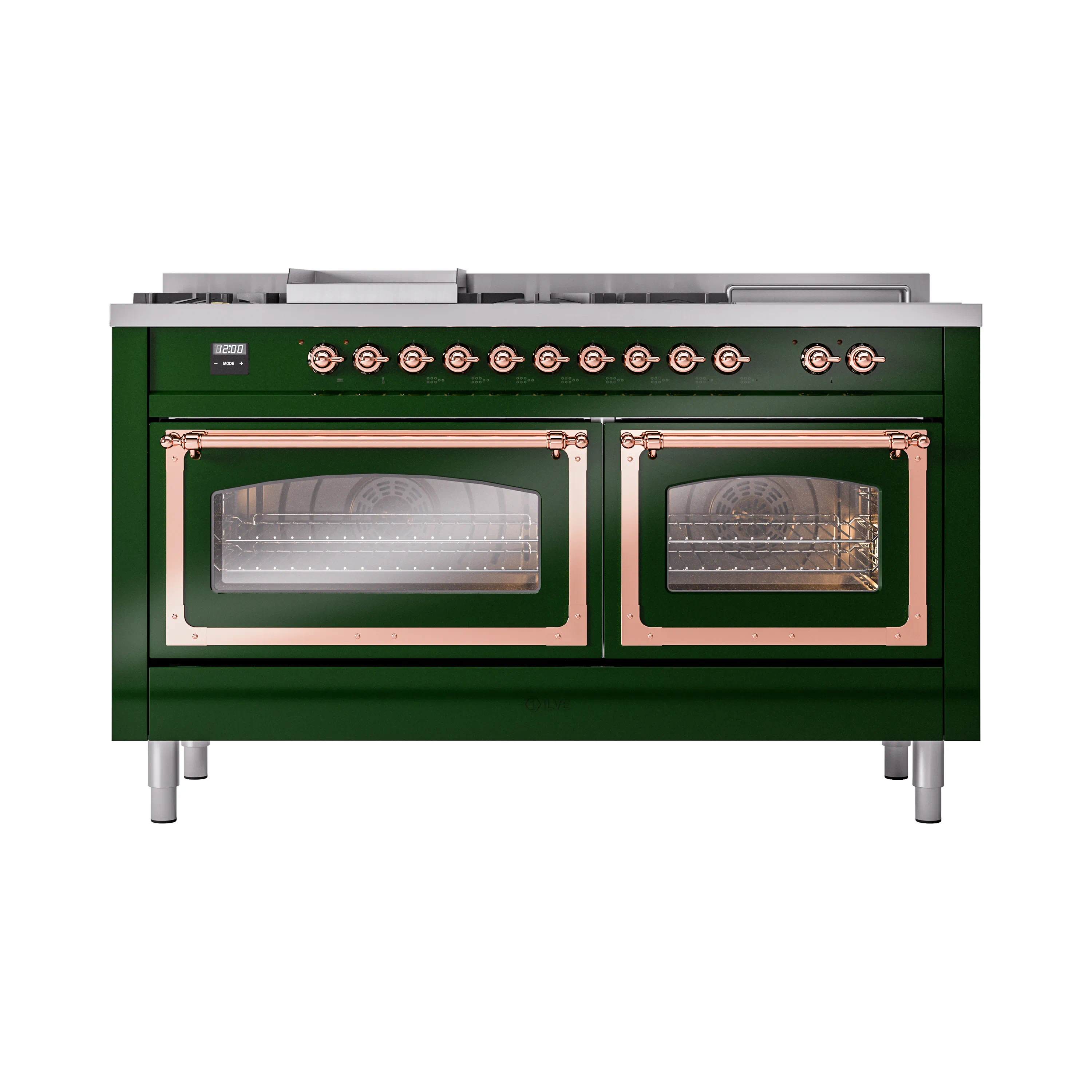 ILVE 60-Inch Nostalgie II Noblesse Natural Gas Dual Fuel Range with 7 Sealed Burners, Griddle, French Top, and Triple Glass Door Oven in Emerald Green with Copper Trim (UN60FSNMPEGP) - Image 6