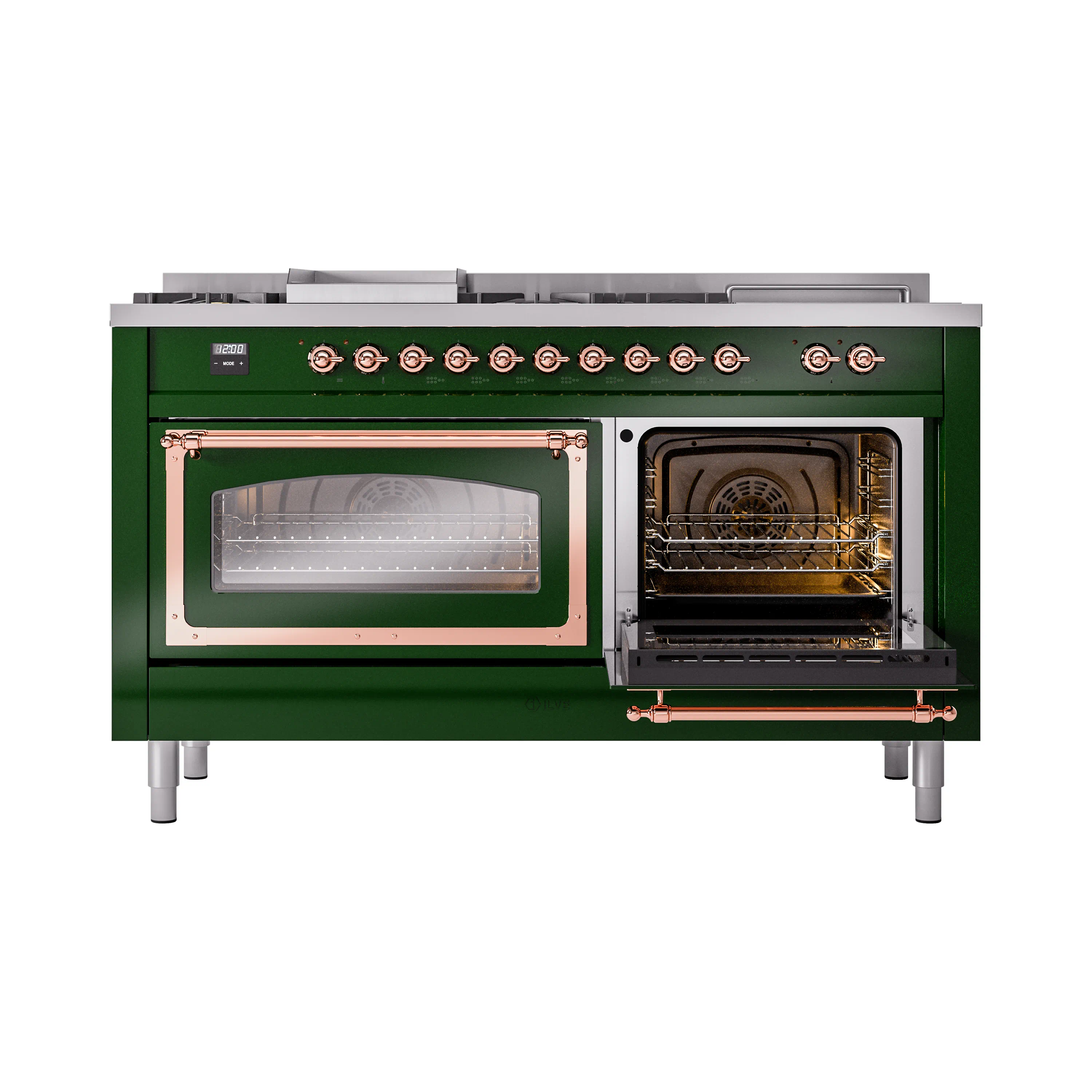ILVE 60-Inch Nostalgie II Noblesse Natural Gas Dual Fuel Range with 7 Sealed Burners, Griddle, French Top, and Triple Glass Door Oven in Emerald Green with Copper Trim (UN60FSNMPEGP) - Image 7