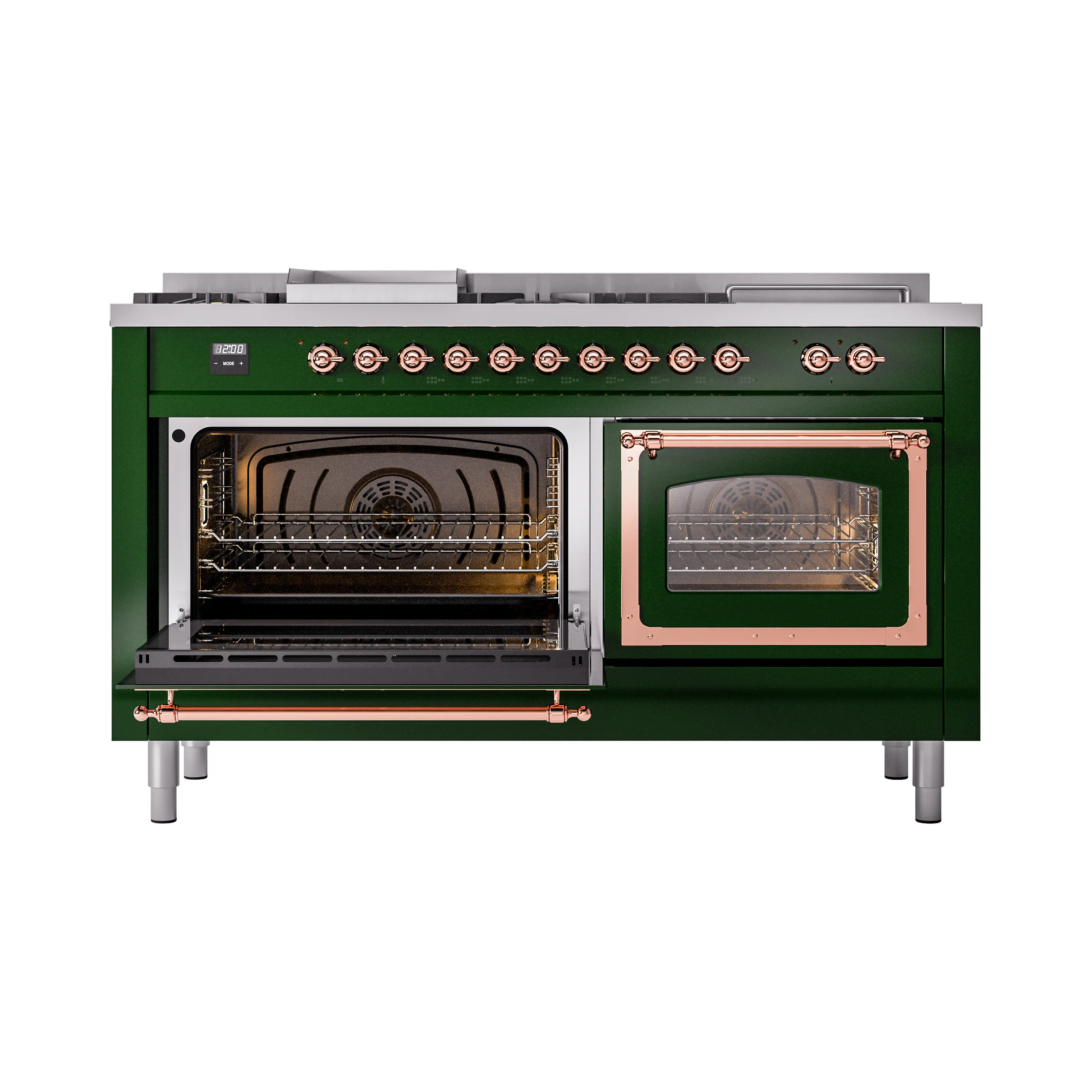 ILVE 60-Inch Nostalgie II Noblesse Natural Gas Dual Fuel Range with 7 Sealed Burners, Griddle, French Top, and Triple Glass Door Oven in Emerald Green with Copper Trim (UN60FSNMPEGP) - Image 8