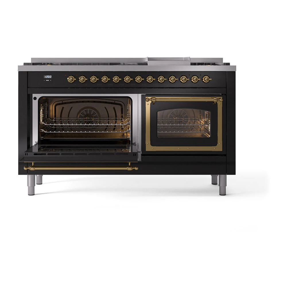 ILVE 60-Inch Nostalgie II Noblesse Natural Gas Dual Fuel Range   in Glossy Black with Brass Trim (UN60FNMPBKG) - Image 6