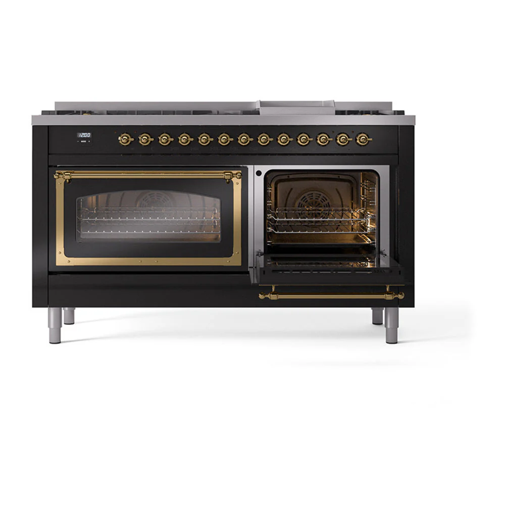 ILVE 60-Inch Nostalgie II Noblesse Natural Gas Dual Fuel Range   in Glossy Black with Brass Trim (UN60FNMPBKG) - Image 7