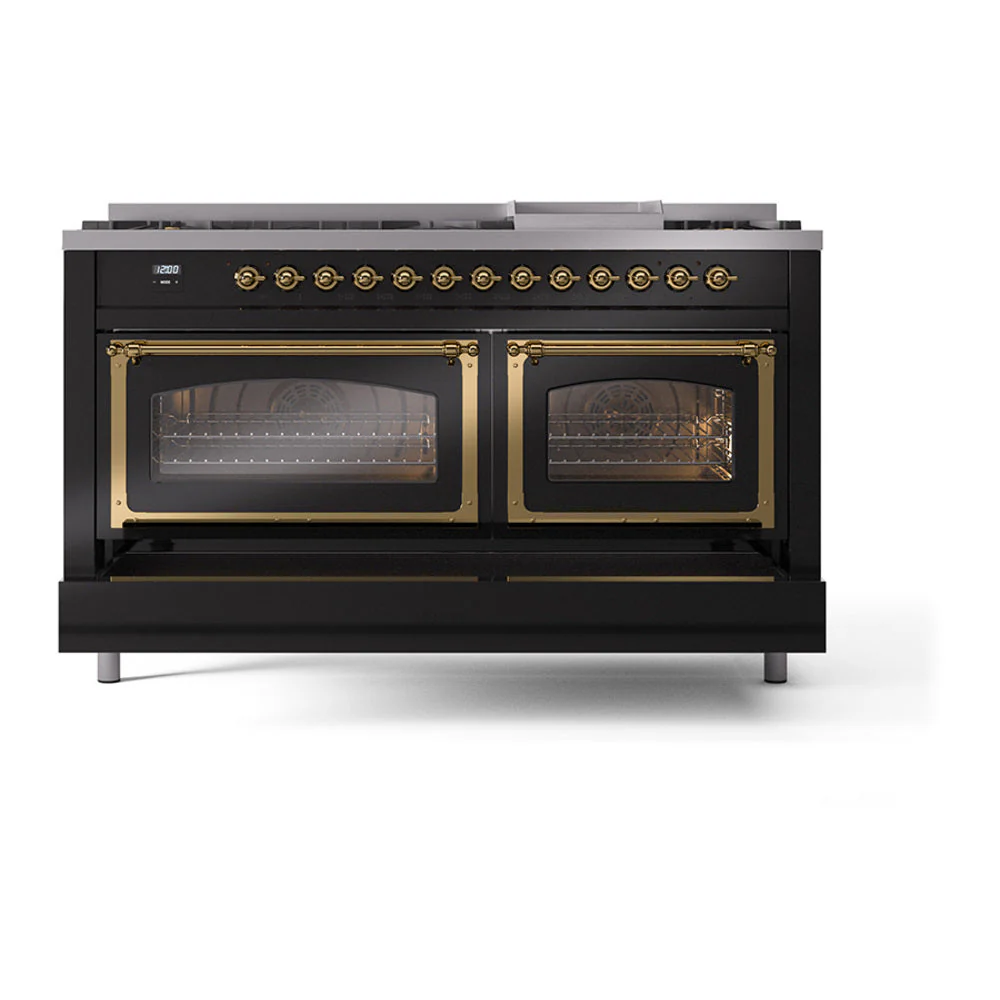 ILVE 60-Inch Nostalgie II Noblesse Natural Gas Dual Fuel Range   in Glossy Black with Brass Trim (UN60FNMPBKG) - Image 8