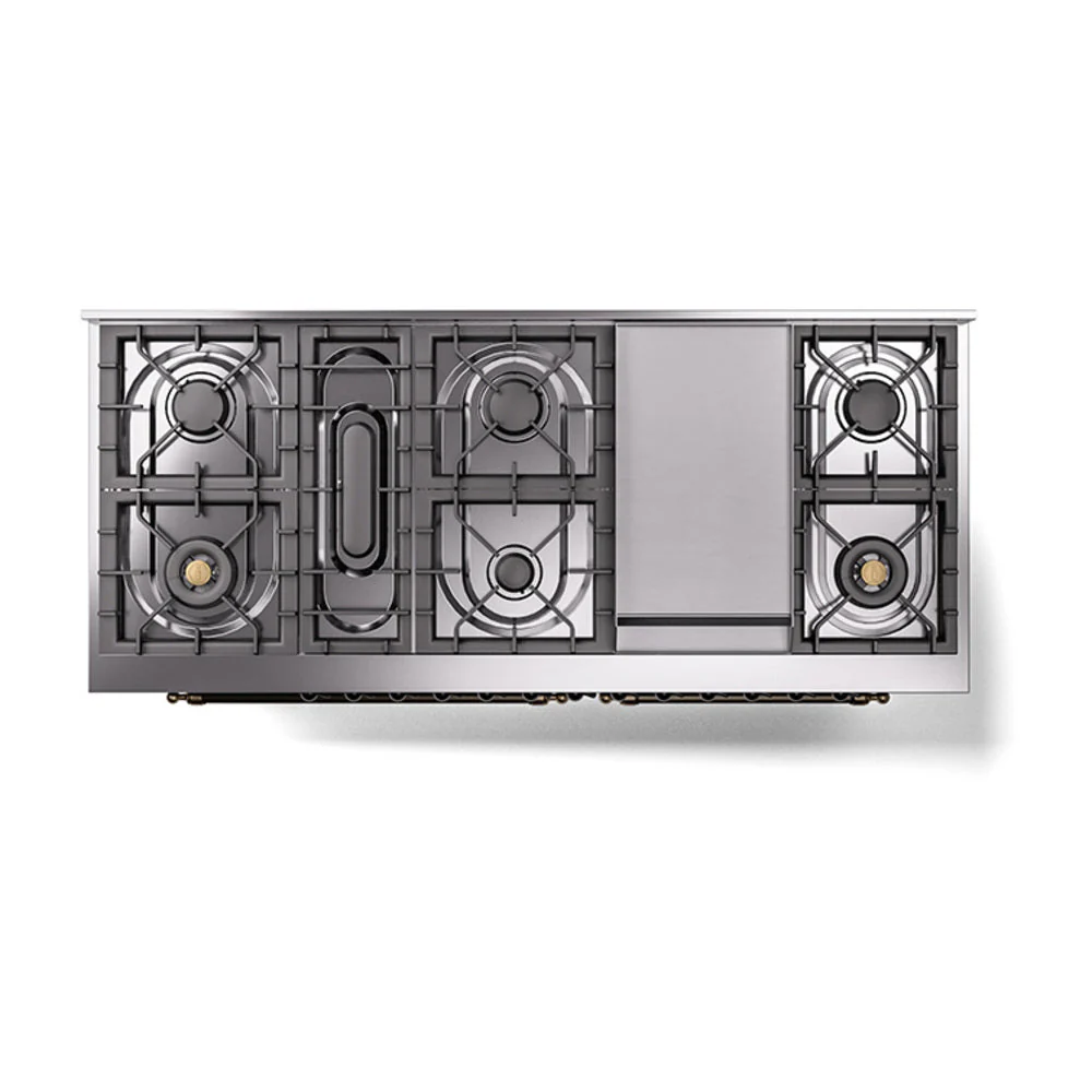 ILVE 60-Inch Nostalgie II Noblesse Natural Gas Dual Fuel Range with 9 Sealed Burners, Griddle, and Solid Door Oven in Glossy Black with Bronze Trim (UN60FQNMPBKB) - Image 3