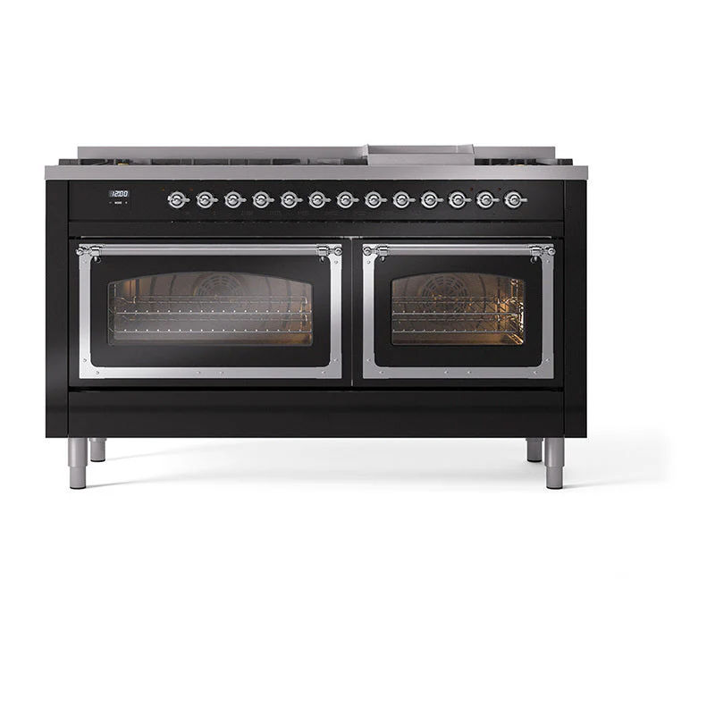 ILVE 60-Inch Nostalgie II Noblesse Natural Gas Dual Fuel Range   in Glossy Black with Chrome Trim (UN60FNMPBKC) - Image 2
