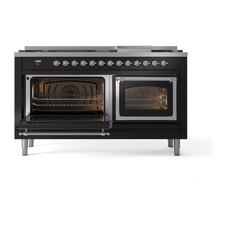 ILVE 60-Inch Nostalgie II Noblesse Natural Gas Dual Fuel Range   in Glossy Black with Chrome Trim (UN60FNMPBKC) - Image 6