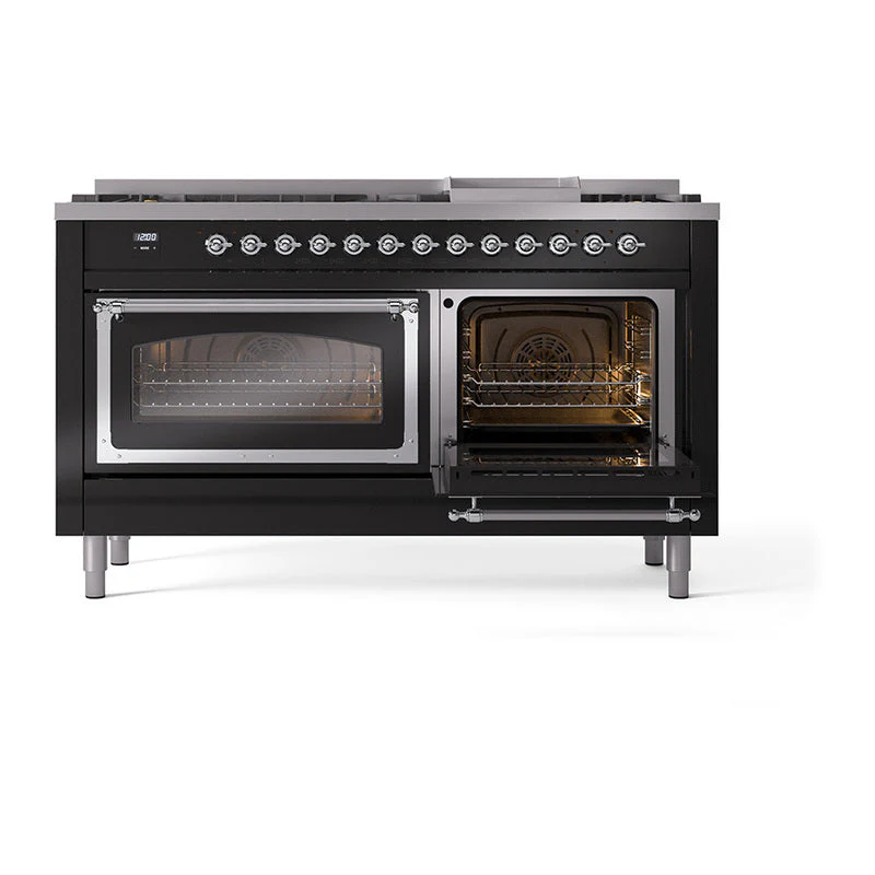 ILVE 60-Inch Nostalgie II Noblesse Natural Gas Dual Fuel Range   in Glossy Black with Chrome Trim (UN60FNMPBKC) - Image 7