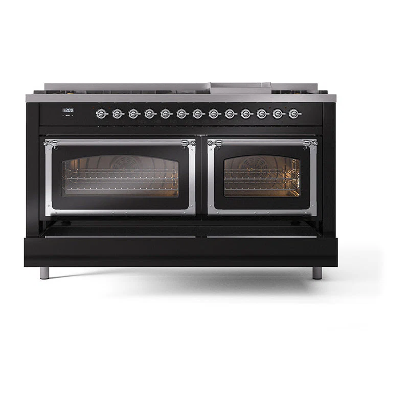ILVE 60-Inch Nostalgie II Noblesse Natural Gas Dual Fuel Range   in Glossy Black with Chrome Trim (UN60FNMPBKC) - Image 8
