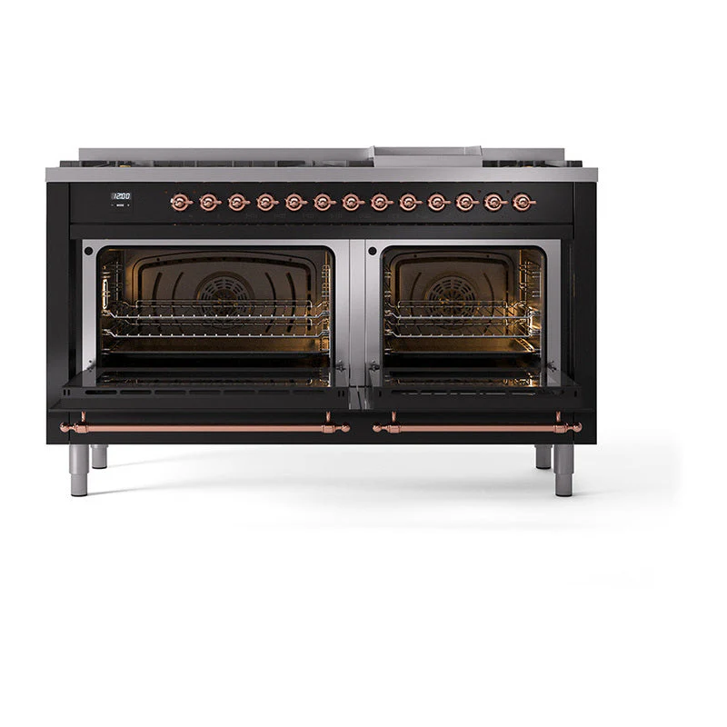 ILVE 60-Inch Nostalgie II Noblesse Natural Gas Dual Fuel Range   in Glossy Black with Copper Trim (UN60FNMPBKP) - Image 5