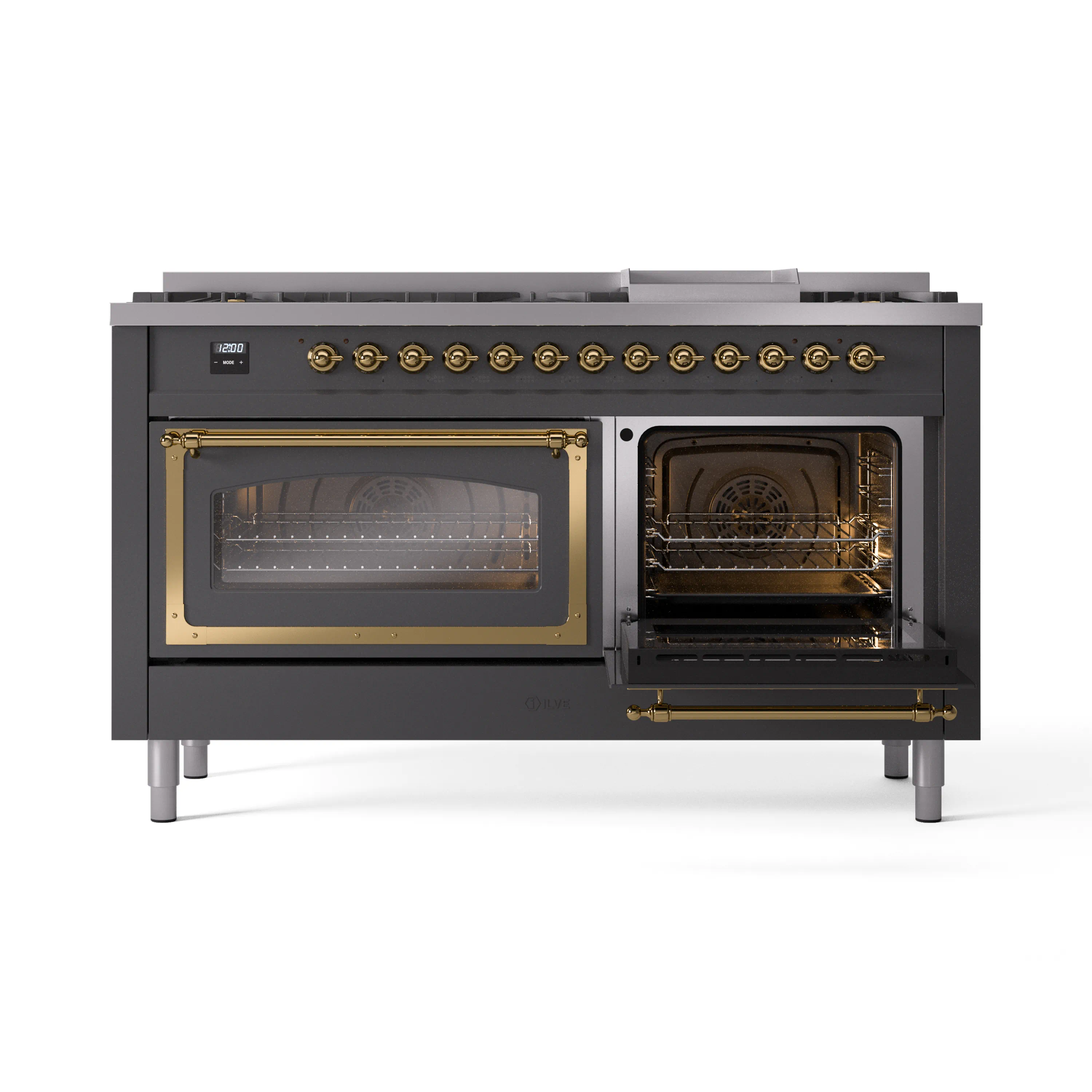 ILVE 60-Inch Nostalgie II Noblesse Natural Gas Dual Fuel Range   in Matte Graphite with Brass Trim (UN60FNMPMGG) - Image 8