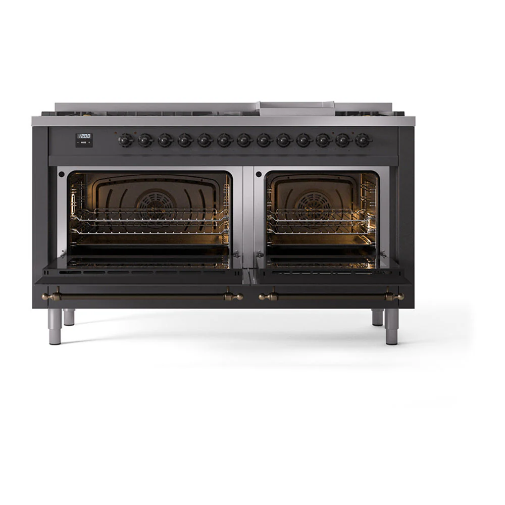 ILVE 60-Inch Nostalgie II Noblesse Natural Gas Dual Fuel Range with 9 Sealed Burners, Griddle, and Solid Door Oven in Matte Graphite with Bronze Trim (UN60FQNMPMGB) - Image 2