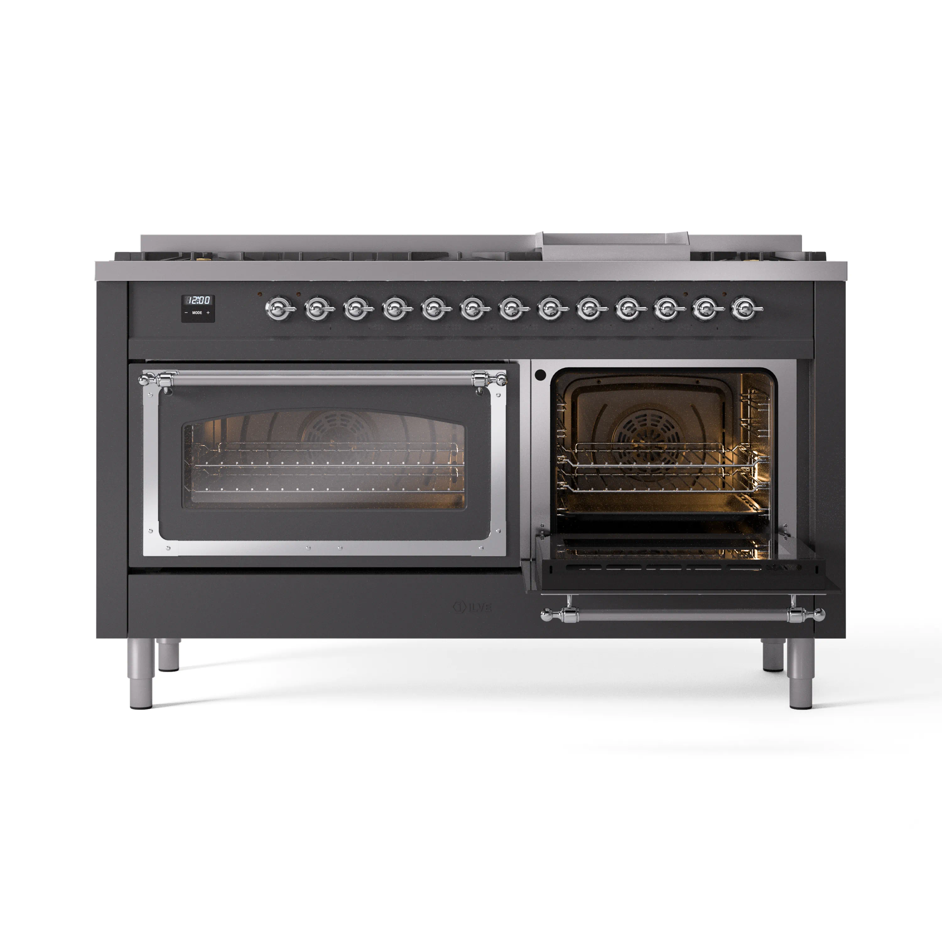 ILVE 60-Inch Nostalgie II Noblesse Natural Gas Dual Fuel Range   in Matte Graphite with Chrome Trim (UN60FNMPMGC) - Image 7